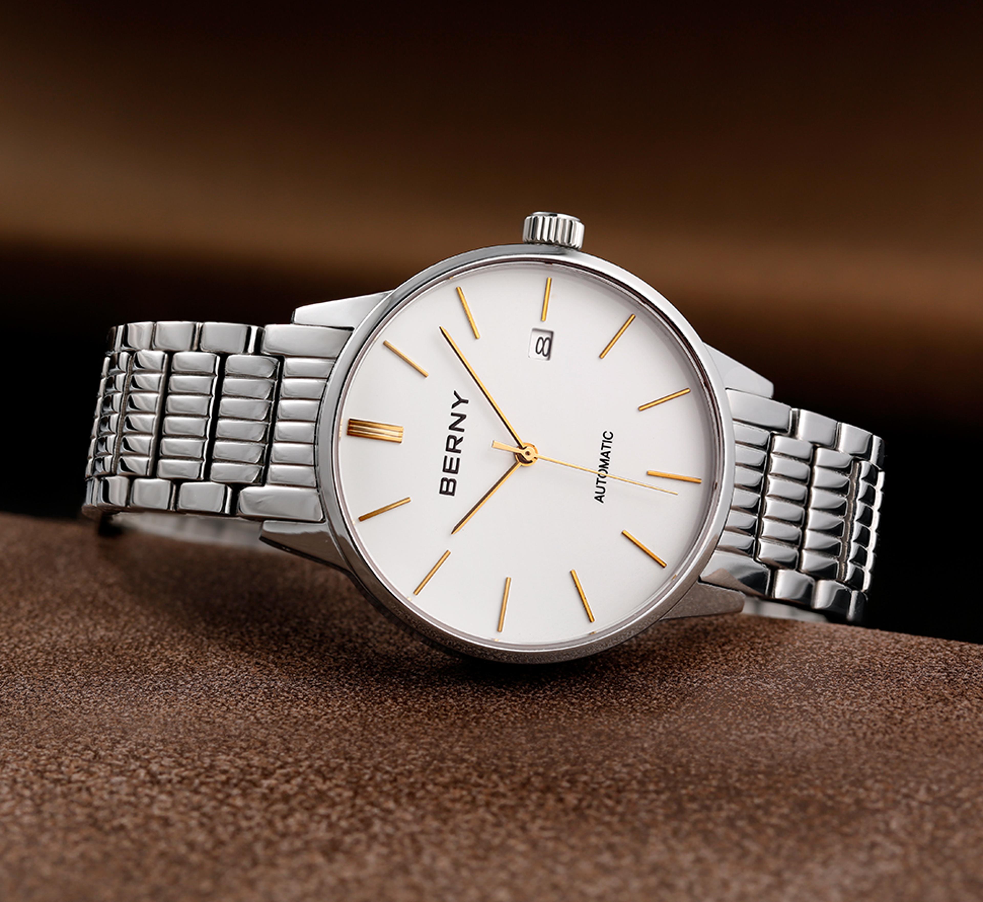 Mens Automatic Dress Watch Sapphire Crystal Stainless Steel 5