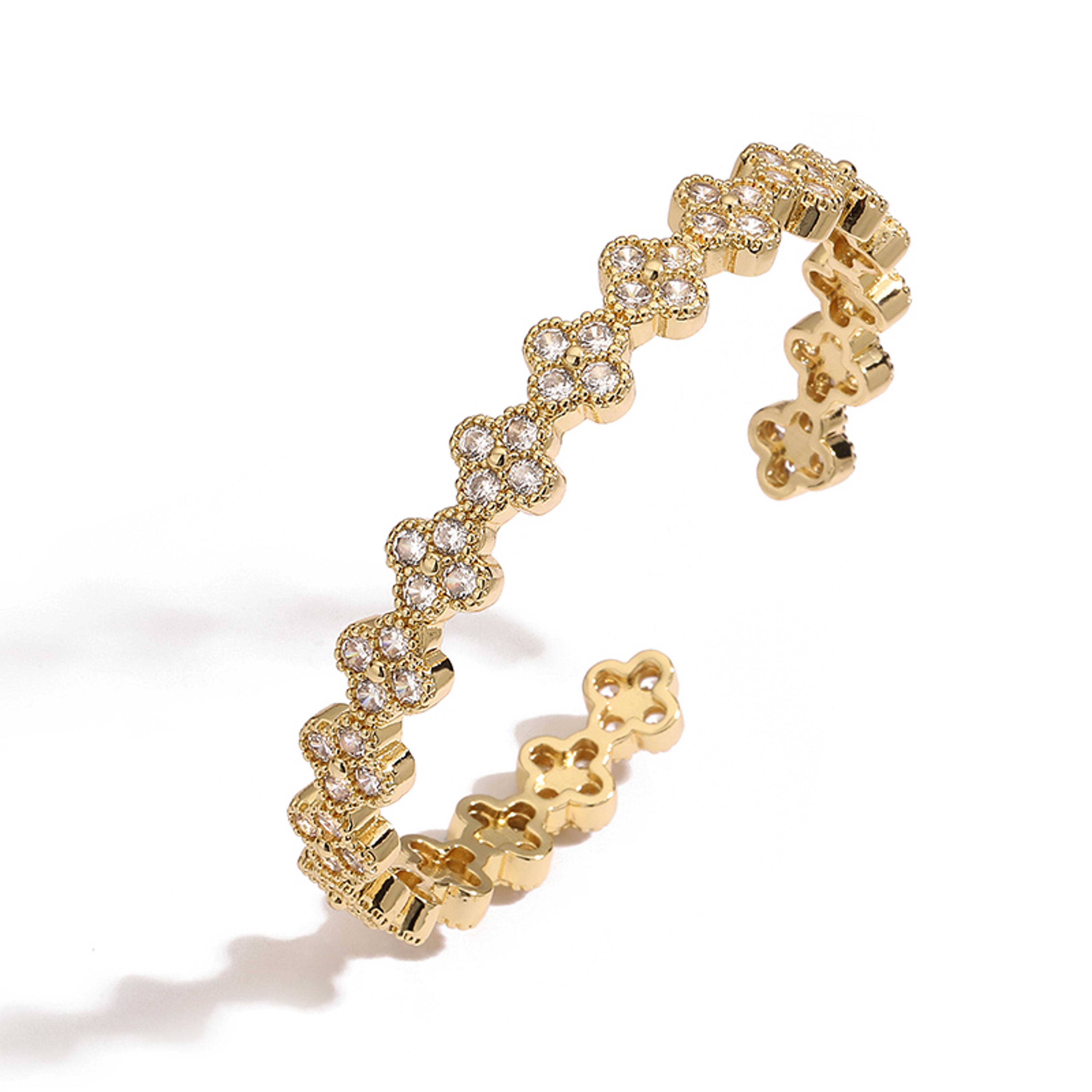 Gold Plated Flower Bracelet For Women With Cubic Zirconia Adjustable Bangle 4