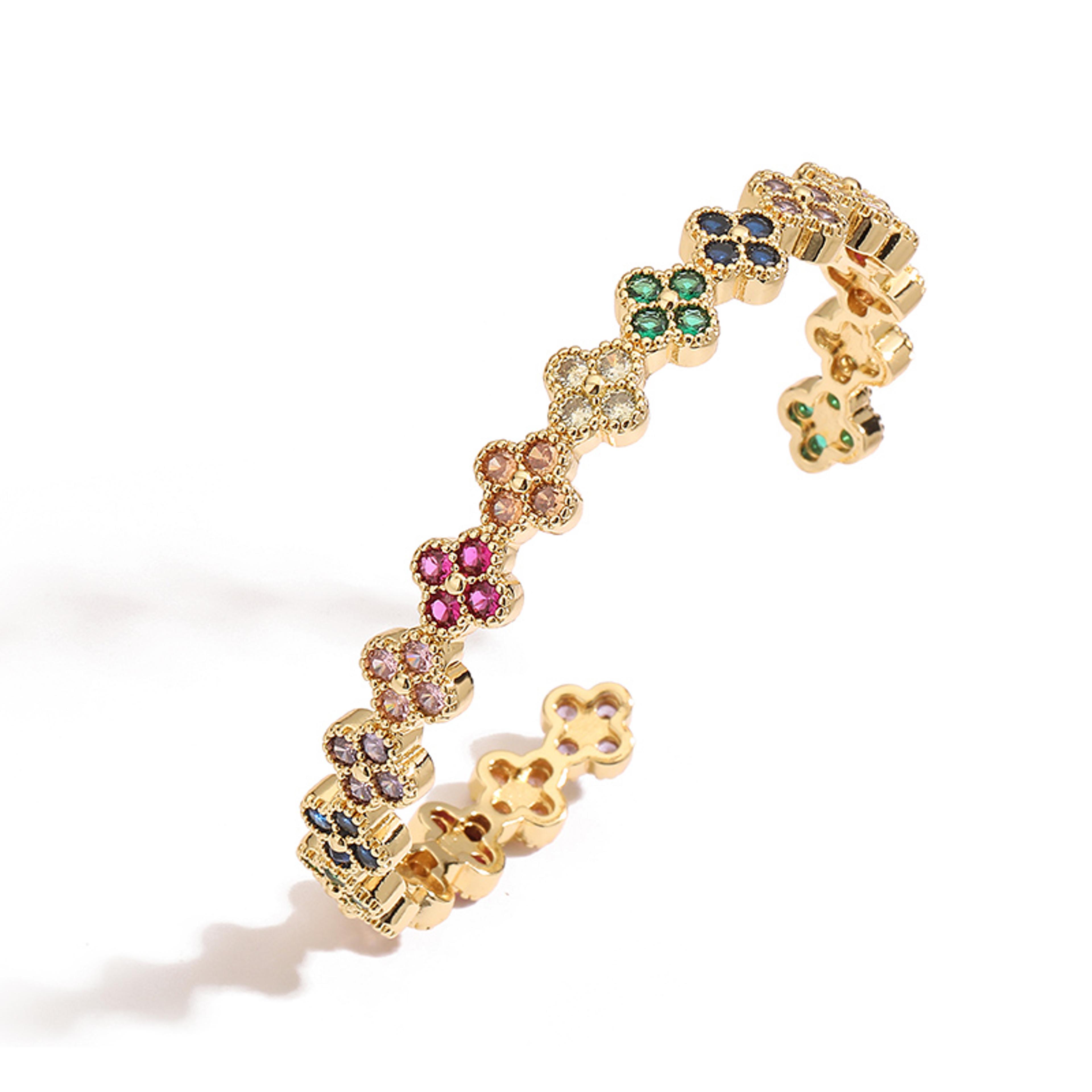 Gold Plated Flower Bracelet For Women With Cubic Zirconia Adjustable Bangle 7