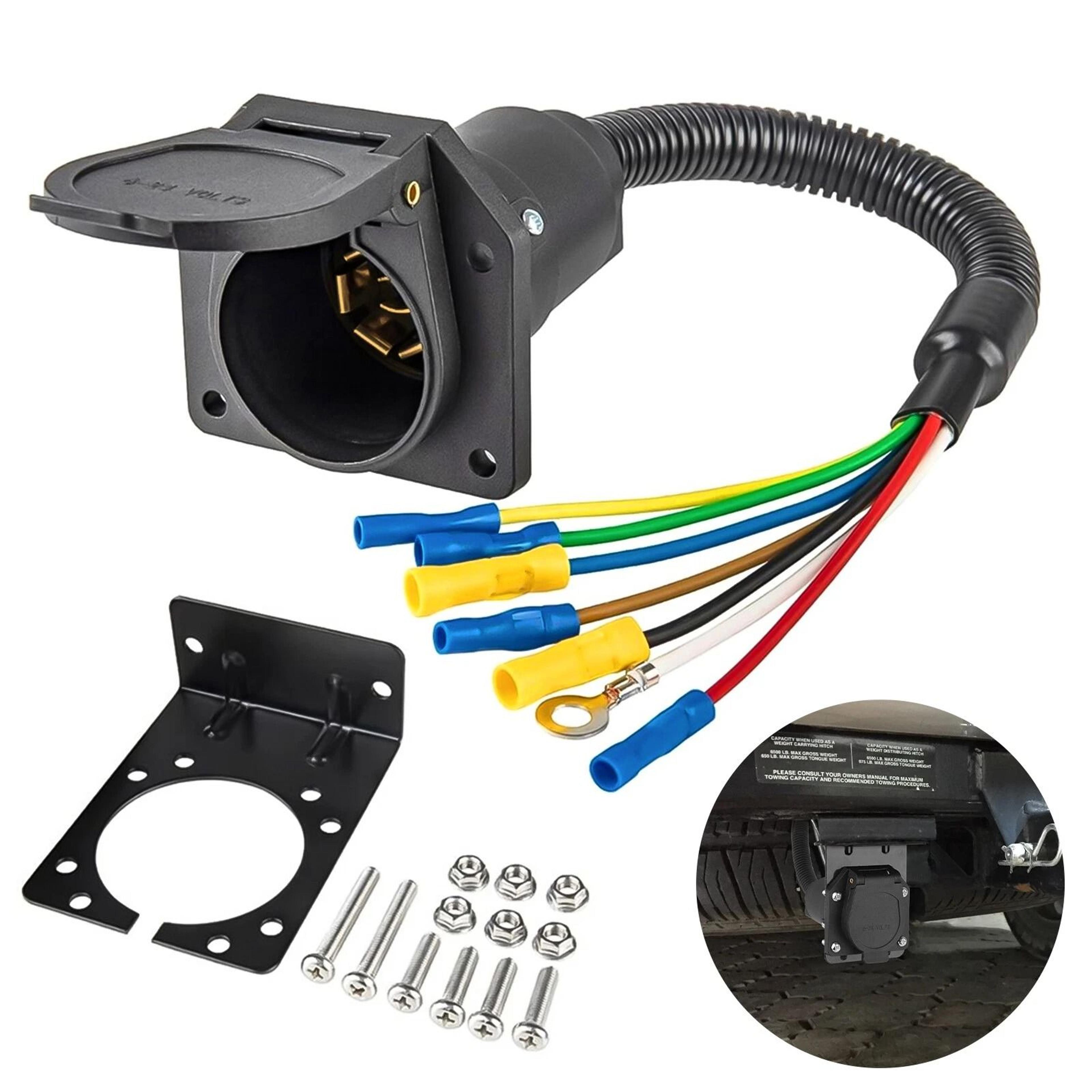 durable trailer plug wiring harness kit, rv socket with mounting bracket