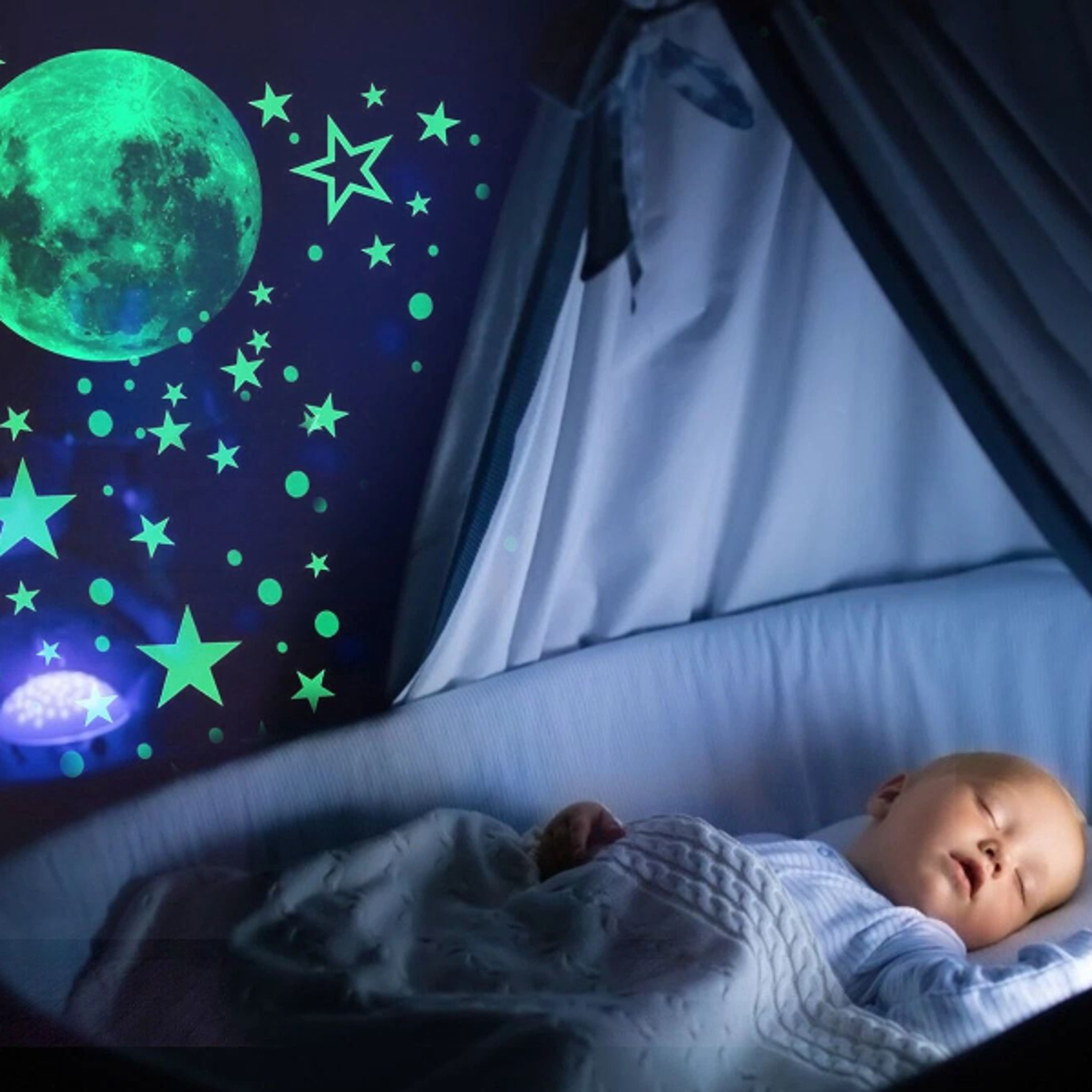 luminous glow in the dark stars and moon wall stickers, space art for ceiling decor