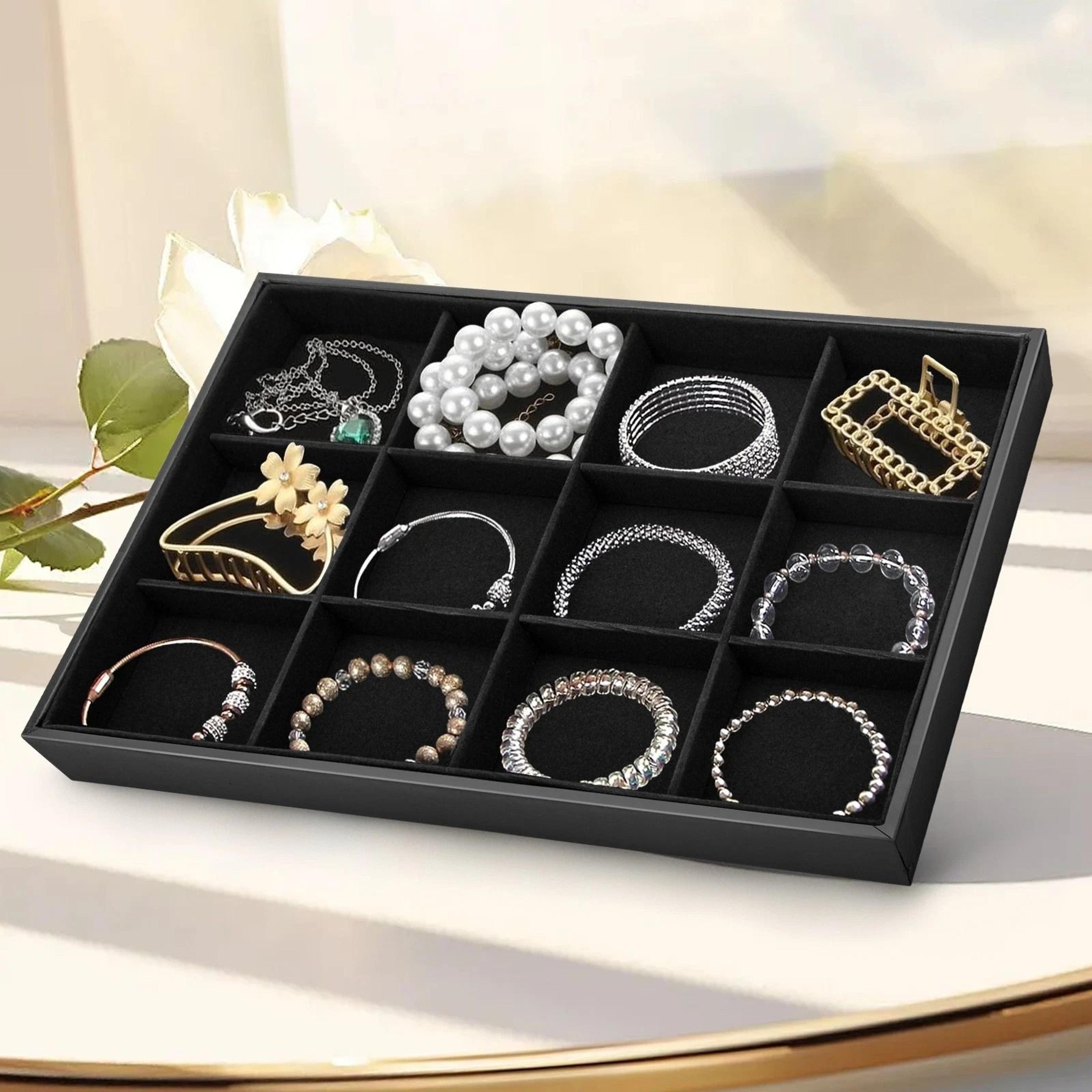 jewelry display organizer tray – grid ring, earring, necklace storage box