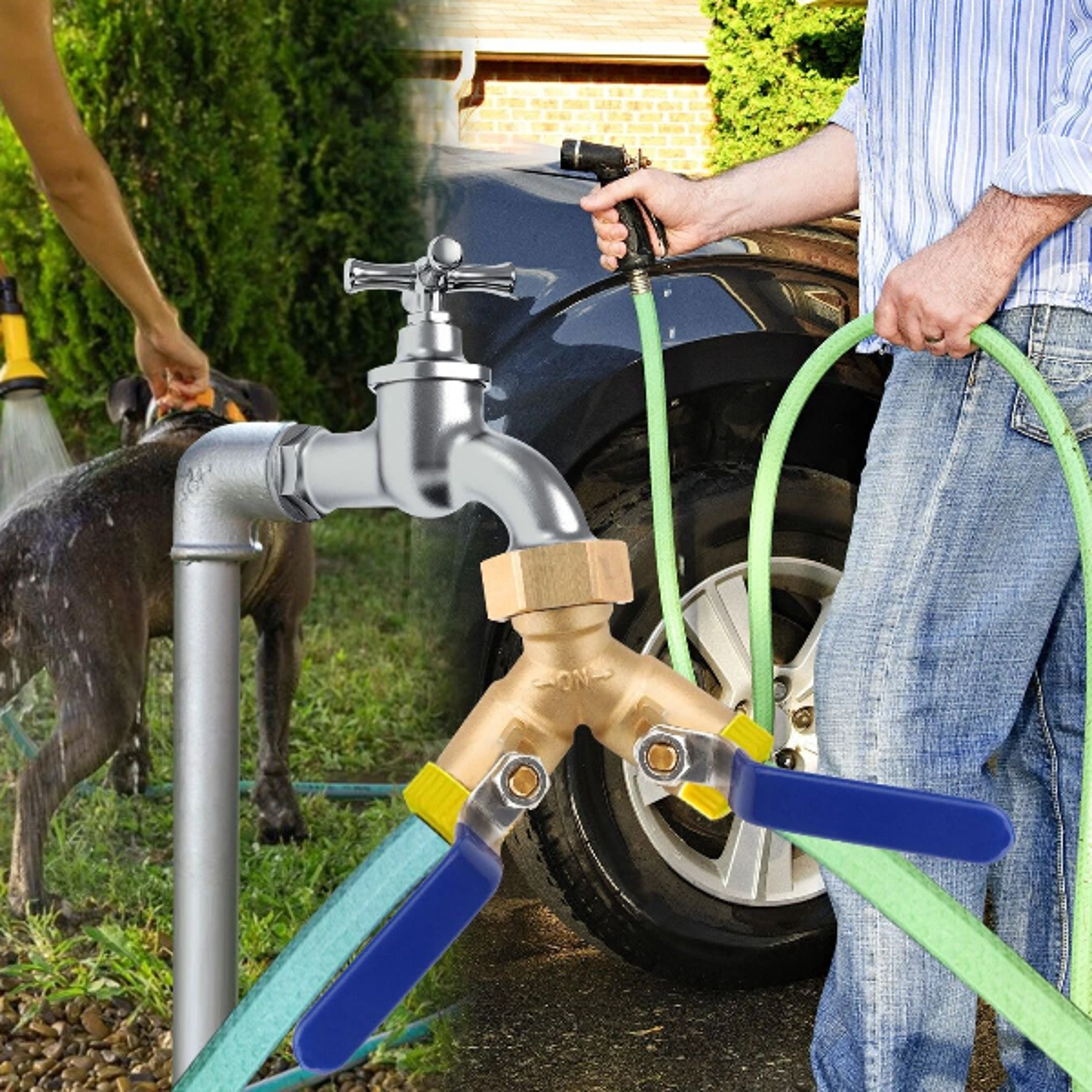 brass garden hose splitter with shut-off valves - dual outlet connector for efficient water flow control