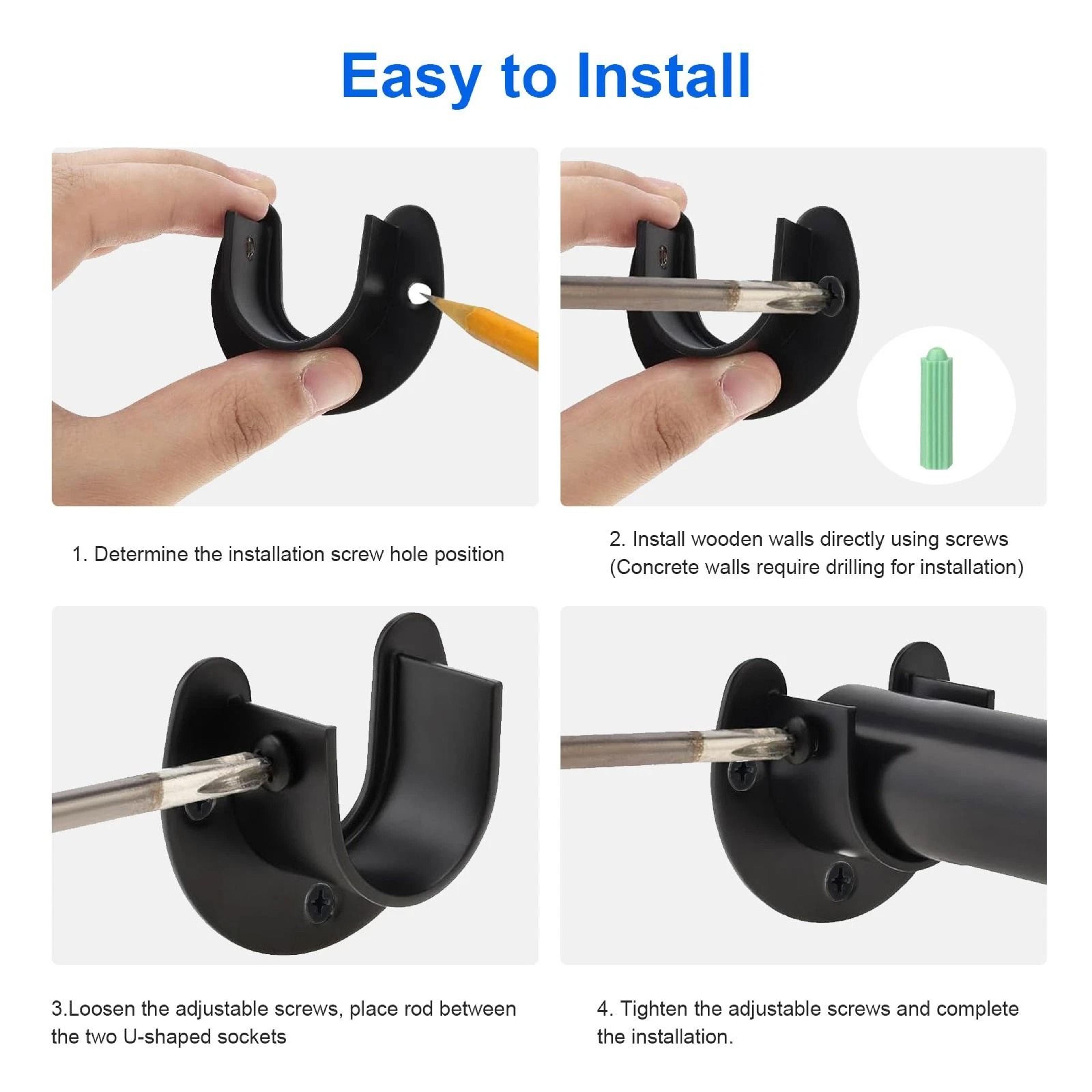 Stainless Steel Closet Rod Bracket Set  Black Pole Holder With Screws For Wardrobe Curtain And Laun 3
