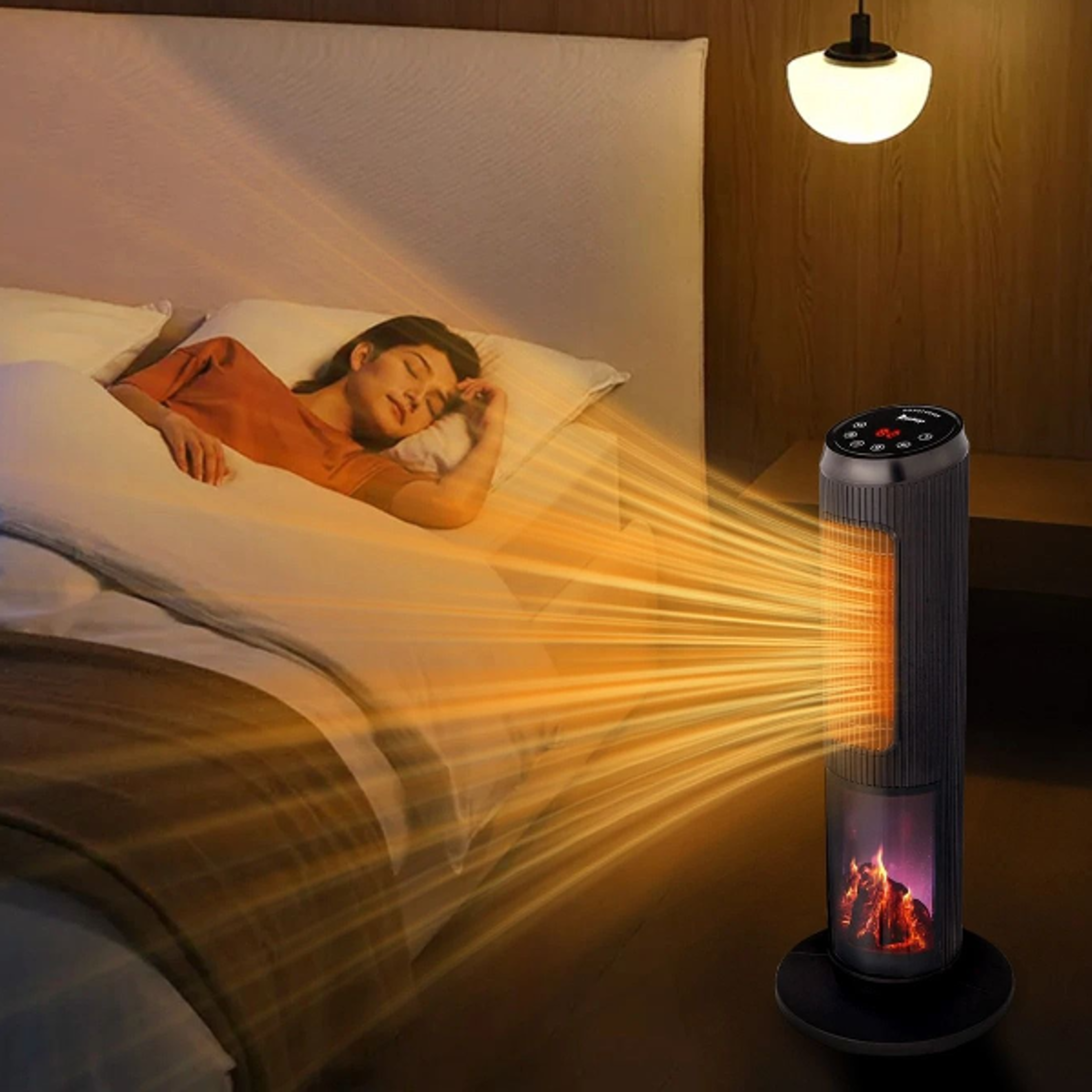 tower space heater with flame, oscillation, timer & remote control