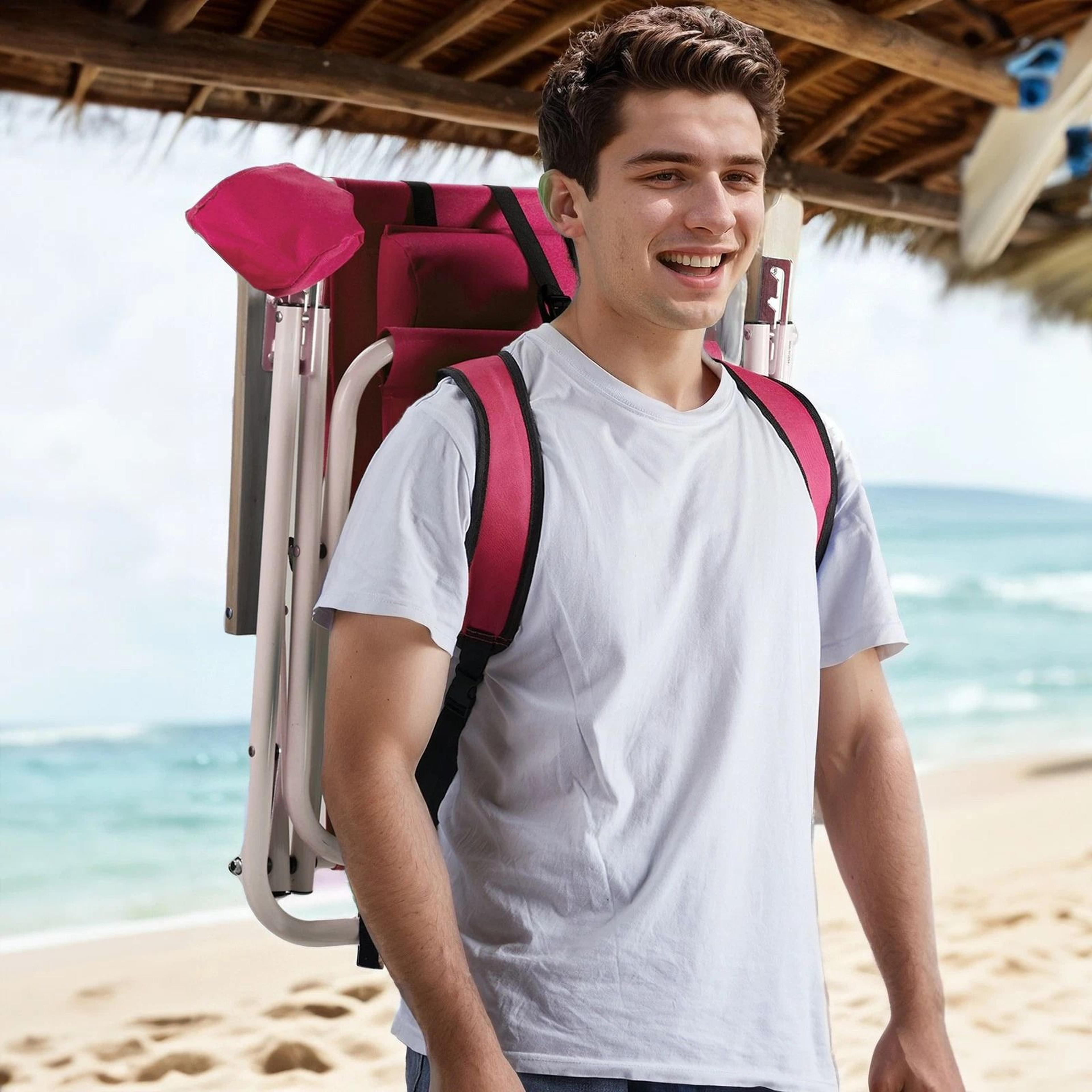 portable folding beach chair with cup holder, backpack design
