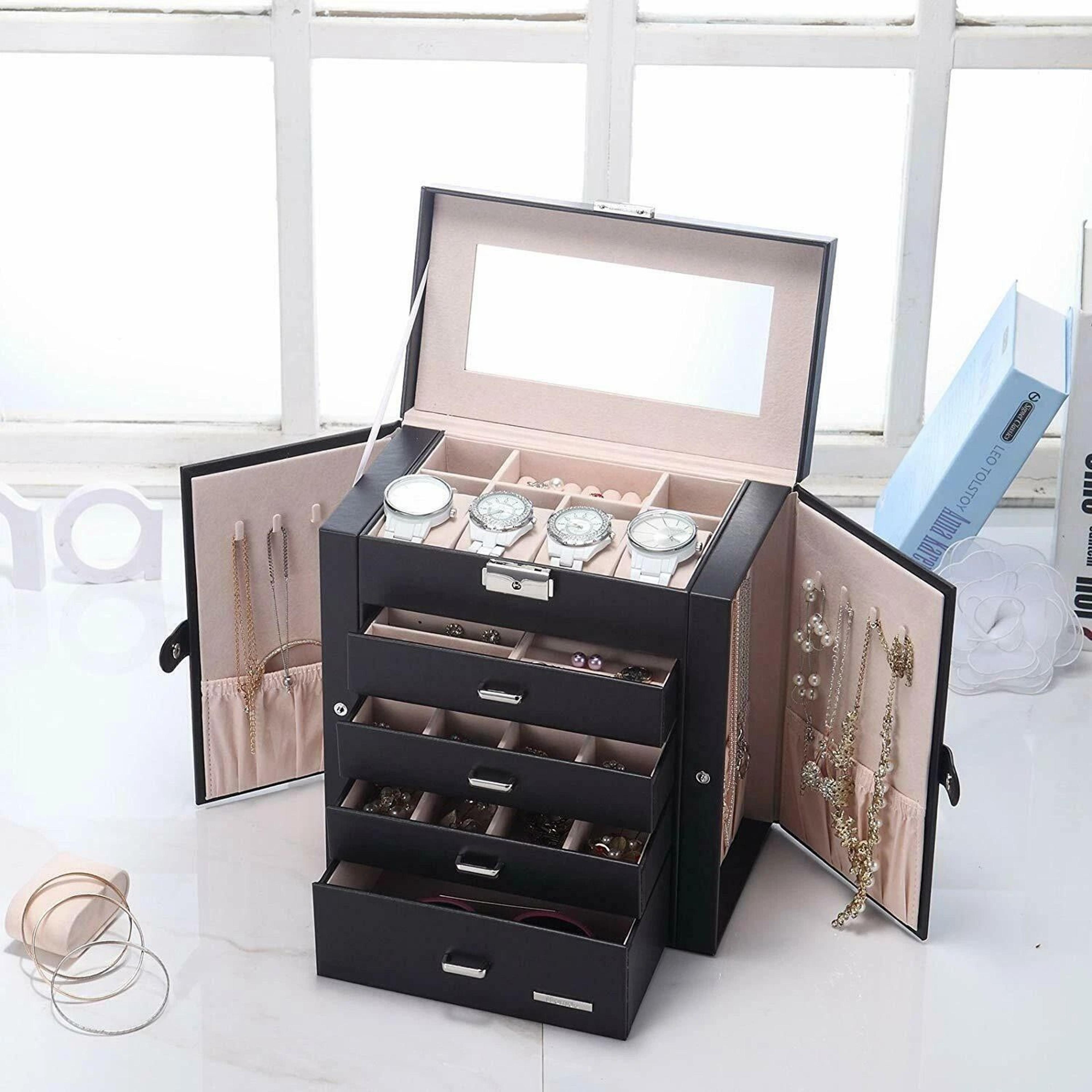 large jewelry organizer box with drawers for watches, rings, necklaces & jewelry storage