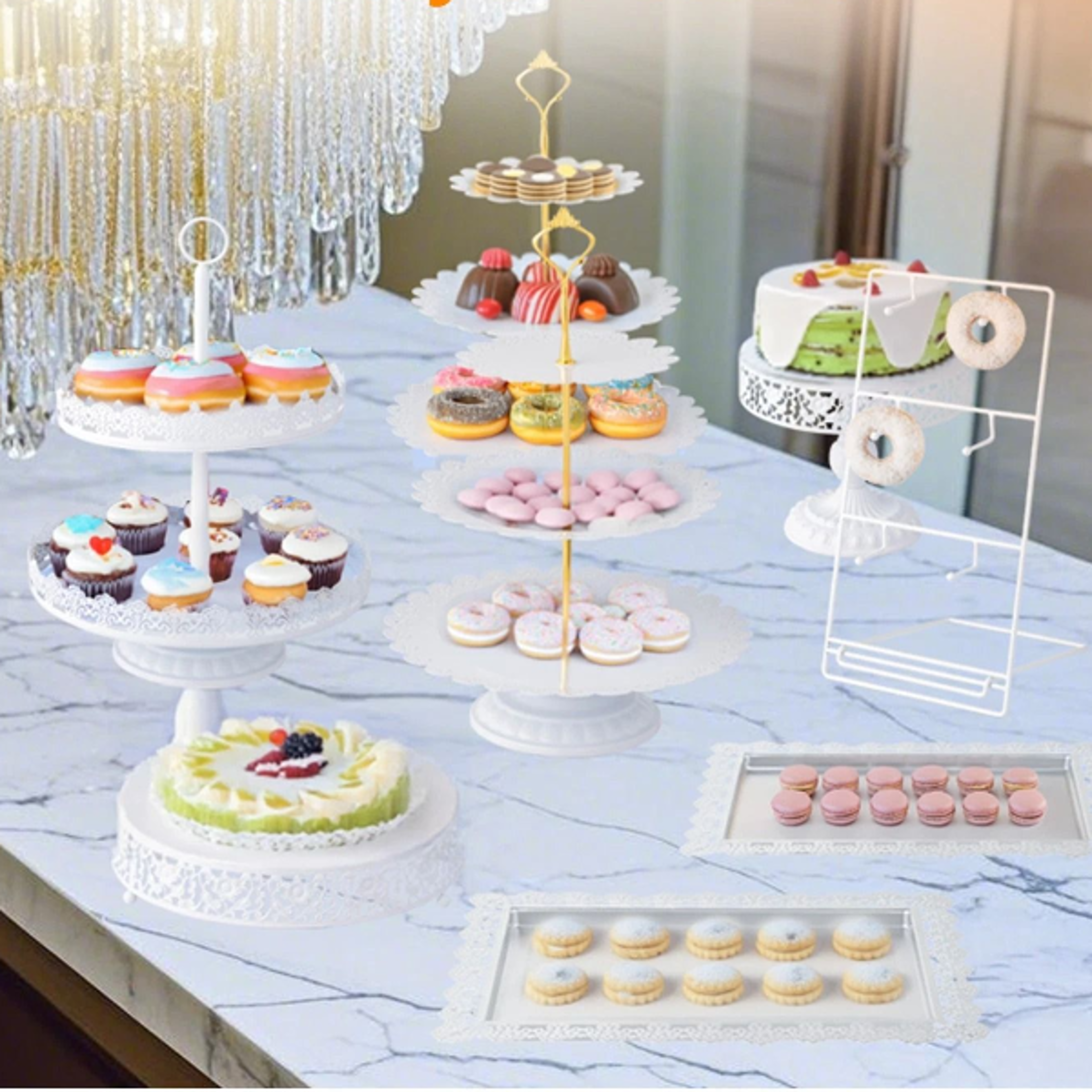 elegant white tiered cake stand set - metal dessert display for weddings and parties