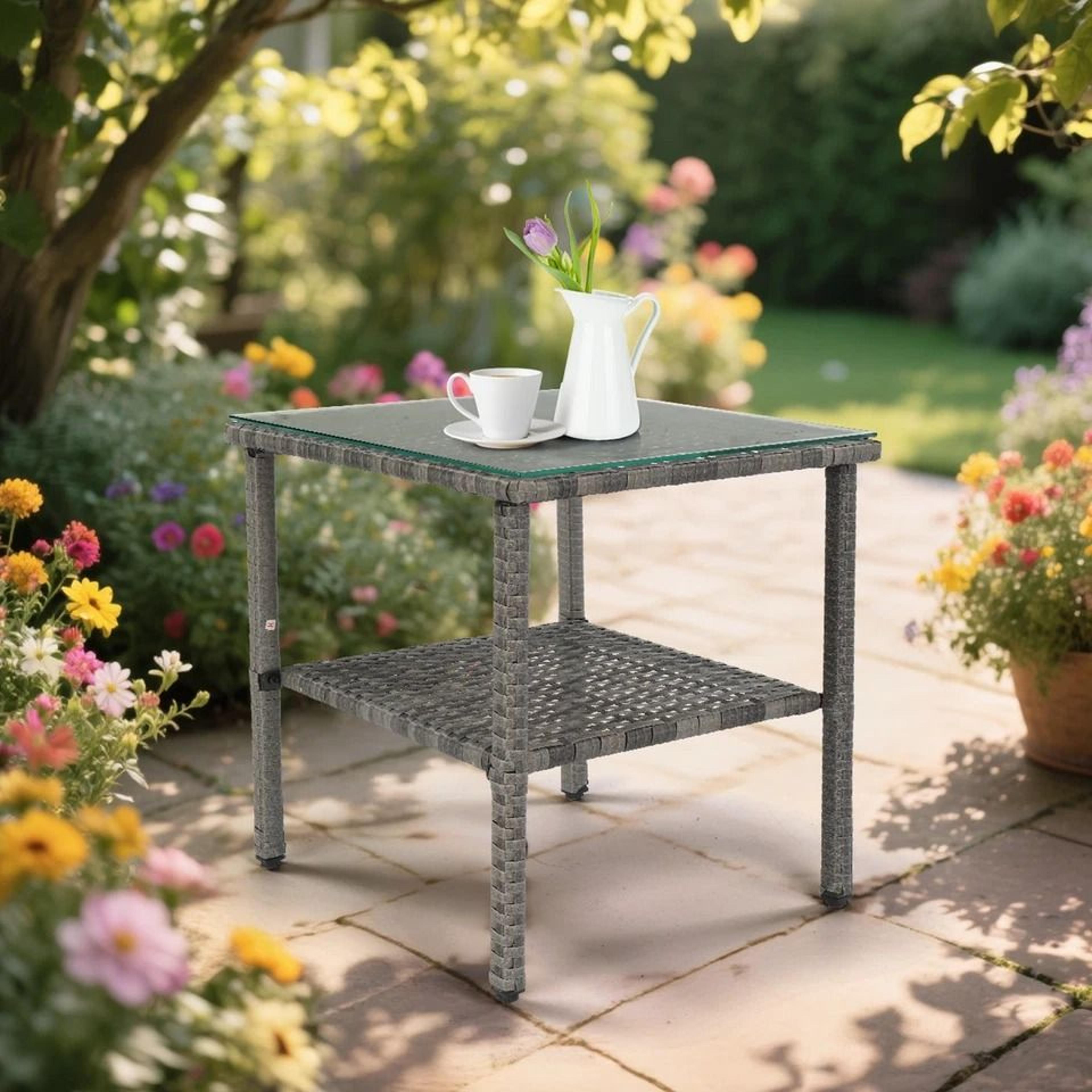 Outdoor Wicker Coffee Table With Glass Top Square Patio End Table For Indoor Outdoor Spaces 1