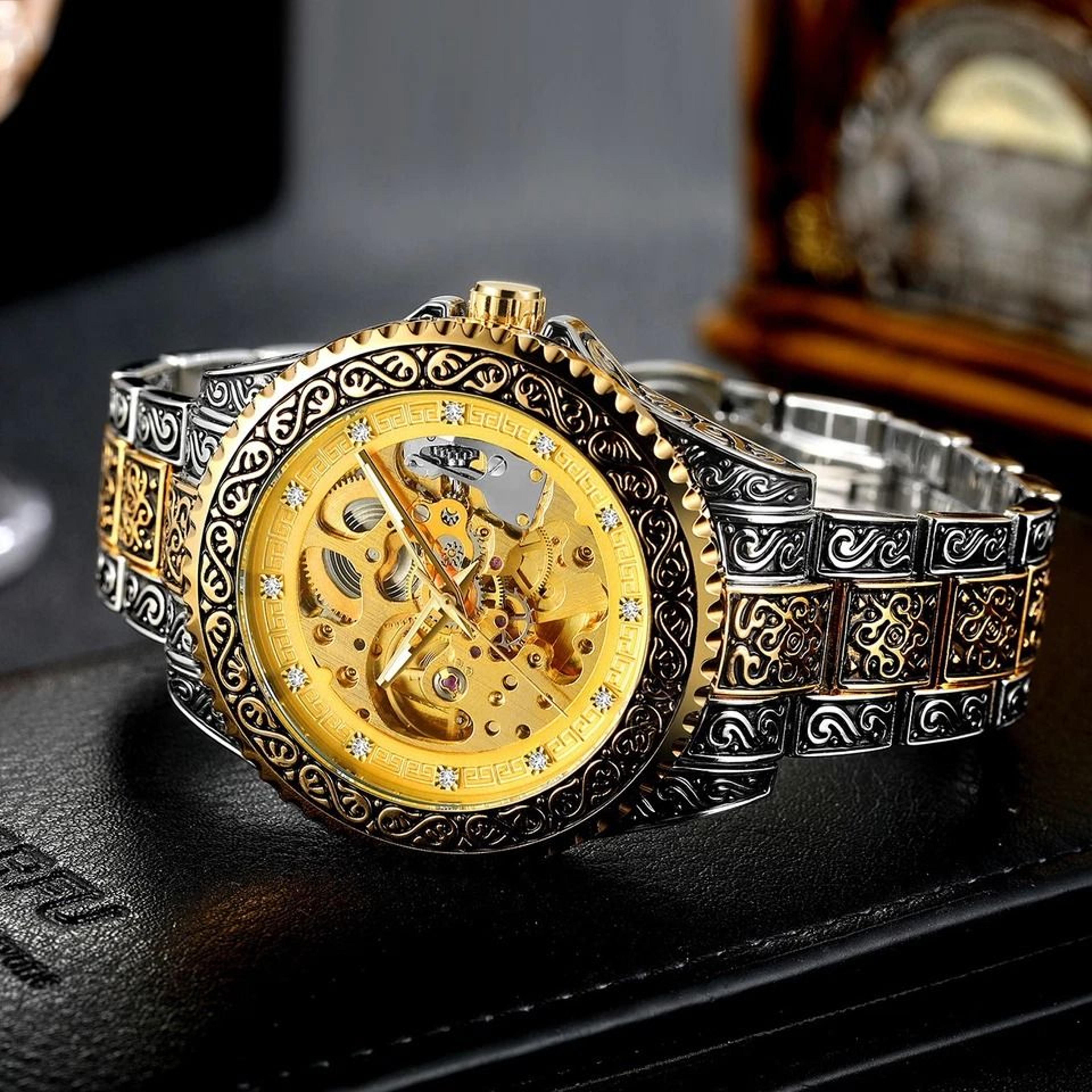 luxury men skeleton watch stainless steel automatic mechanical carved wristwatch