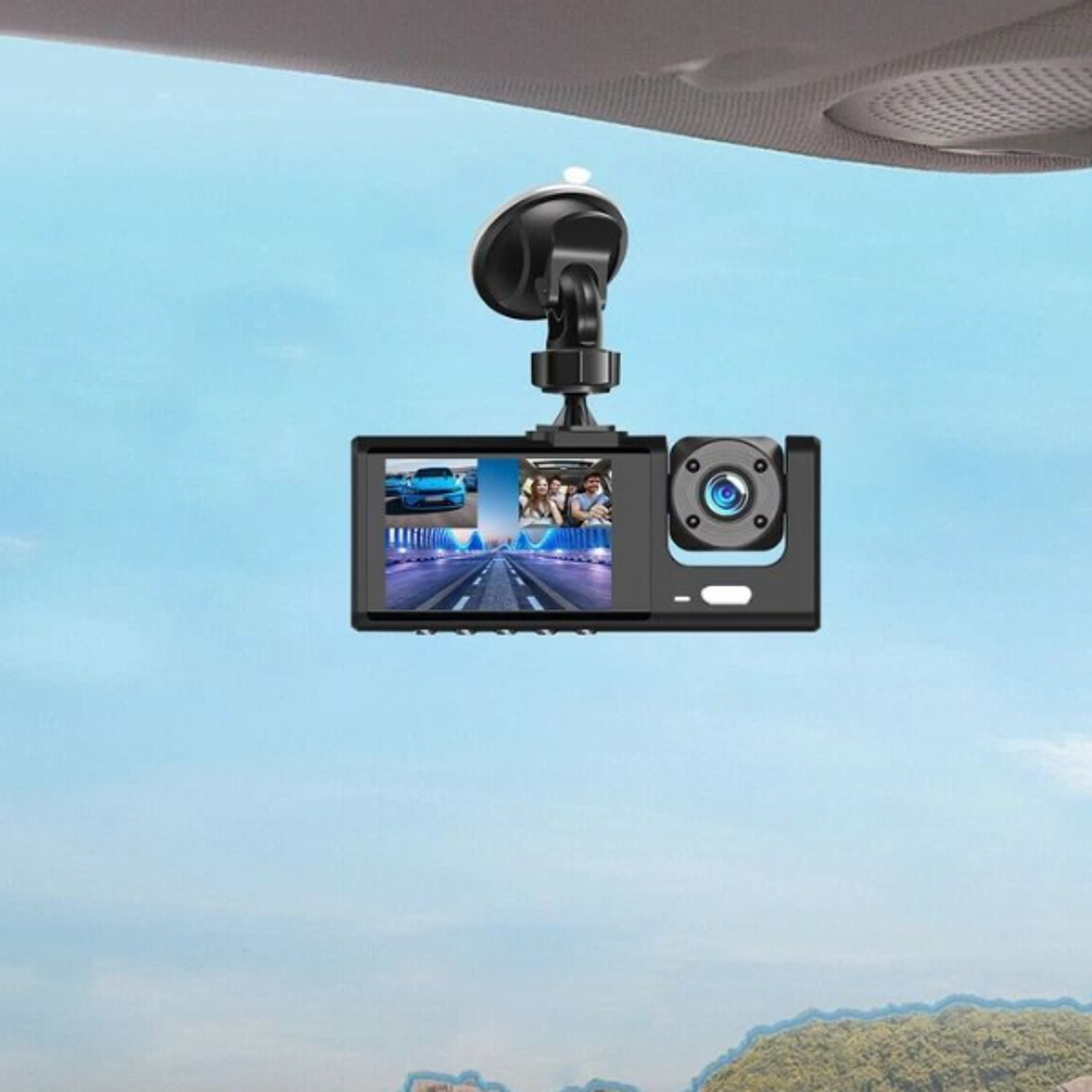 car dvr dash cam with front, inside, and rear camera video recorder