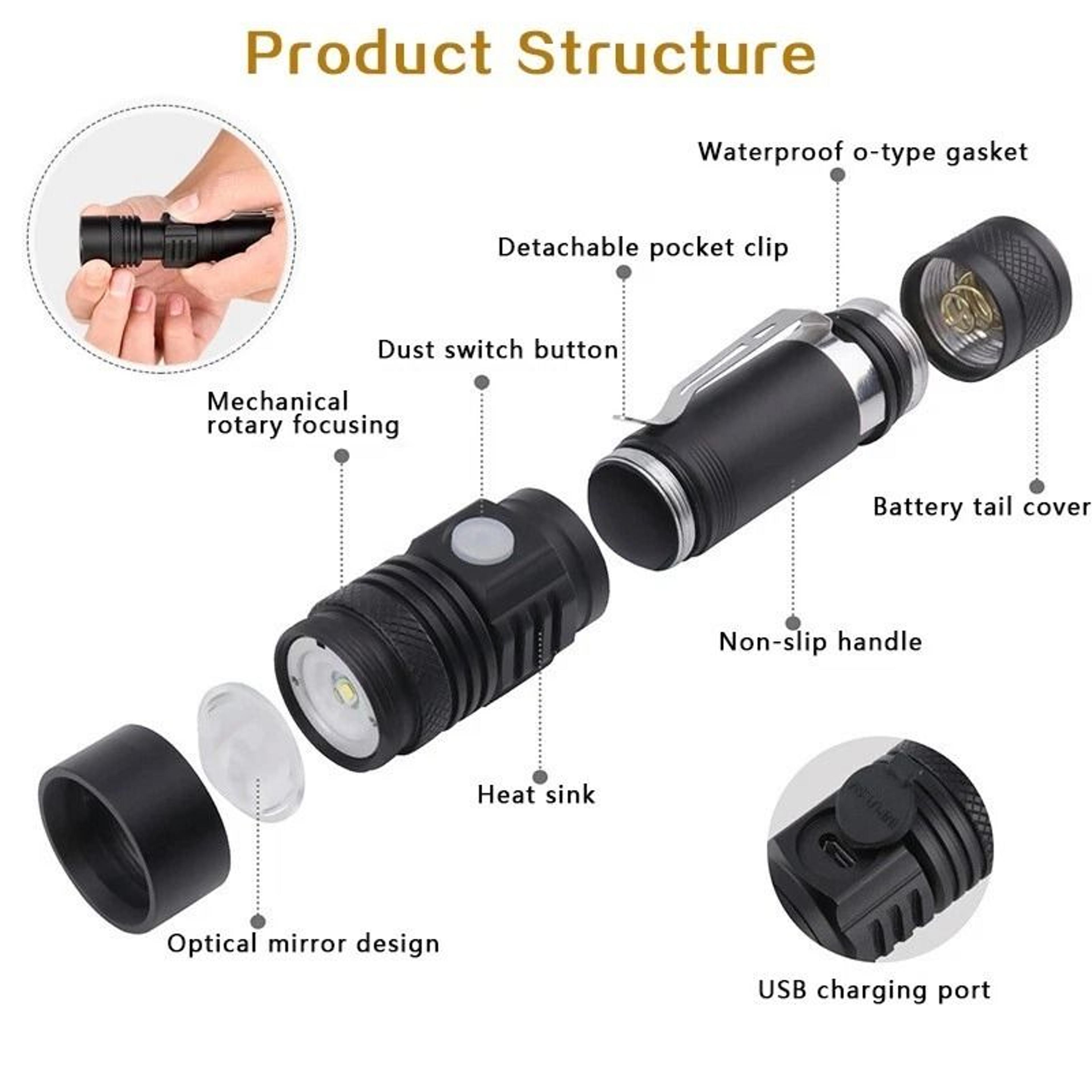 Rechargeable Tactical LED Flashlight Super Bright Zoomable USB Rechargeable Waterproof 2