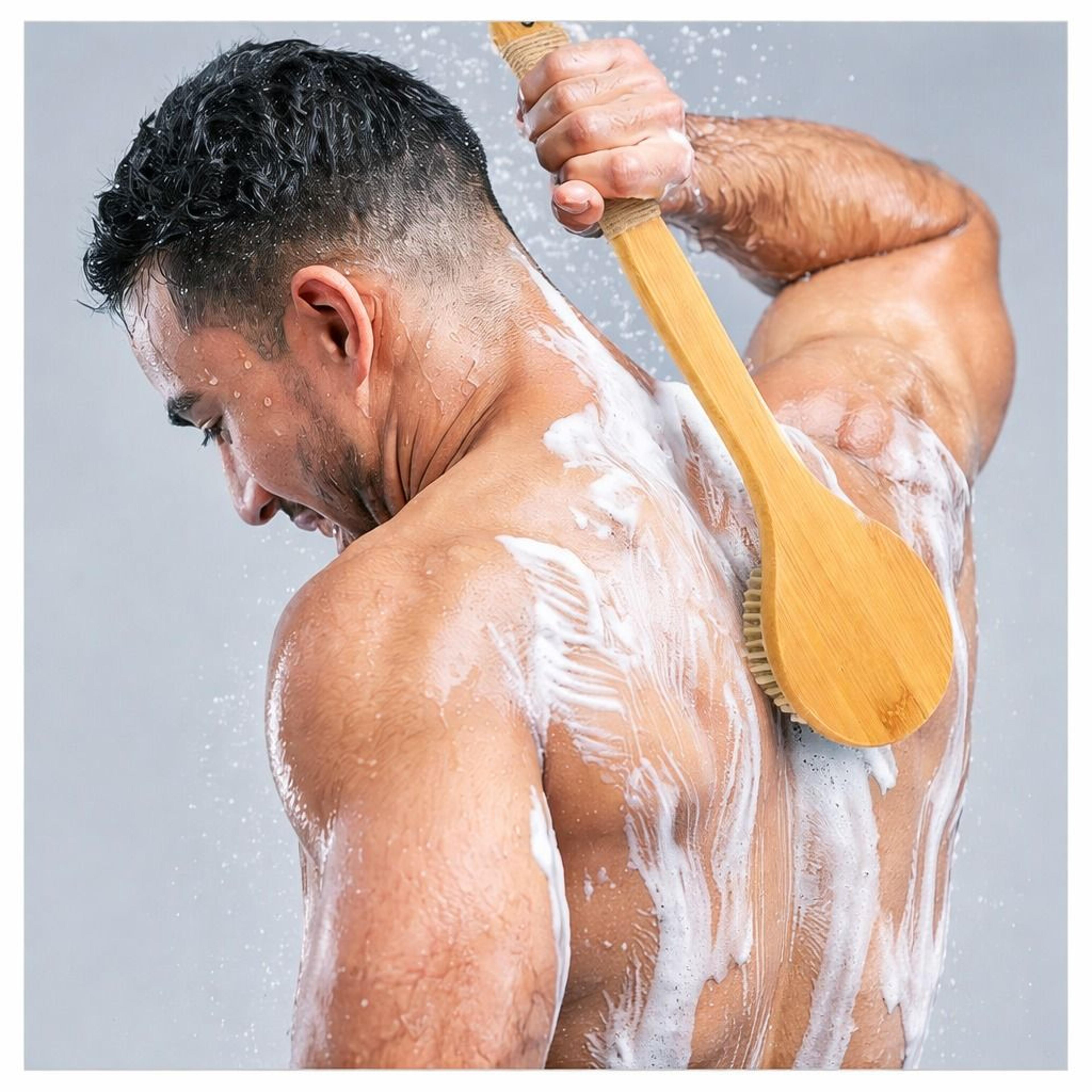 bamboo bath body brush with soft bristles and anti slip handle for exfoliating & back scrubbing