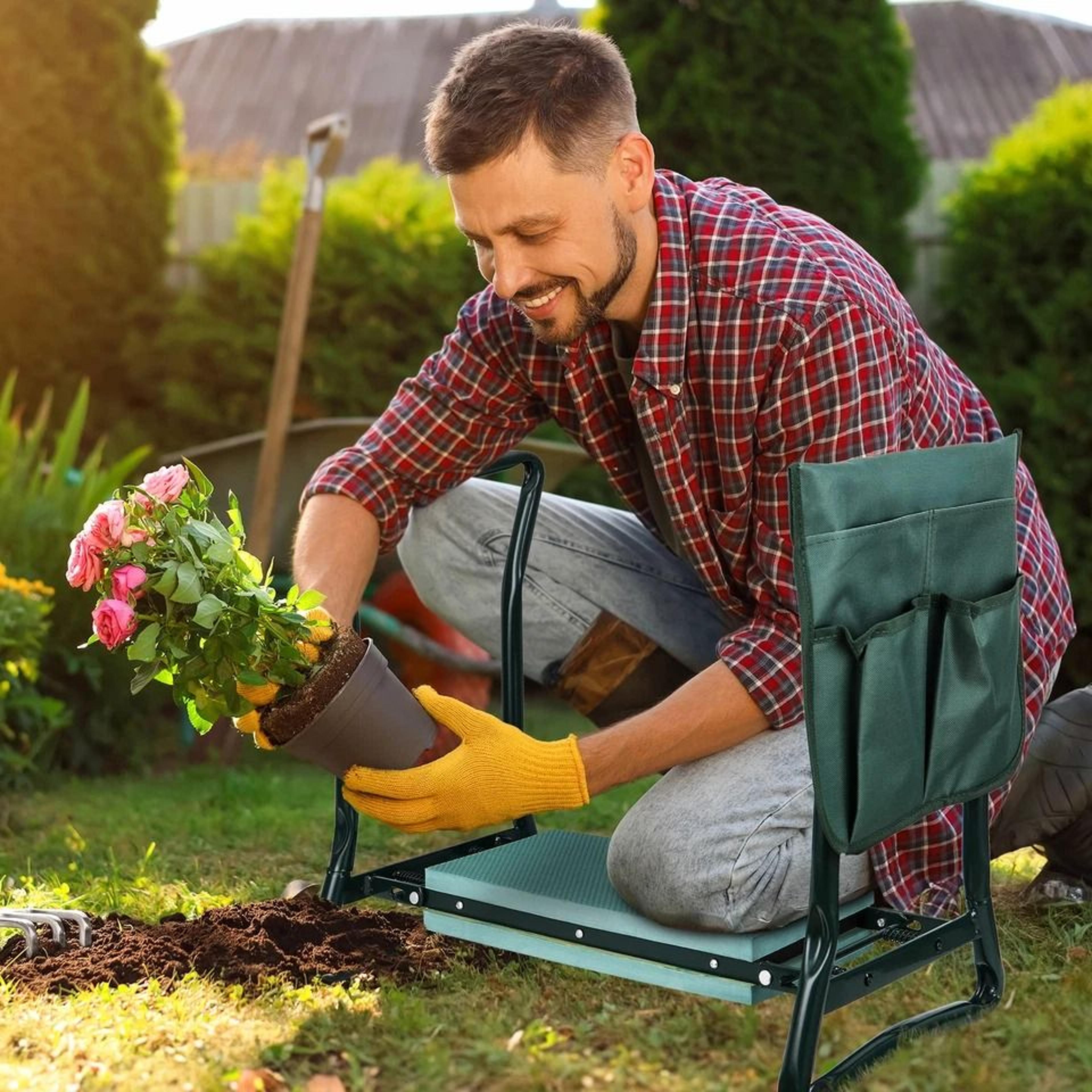 foldable garden kneeler and seat bench with tool pouch soft cushion garden kneeling bench