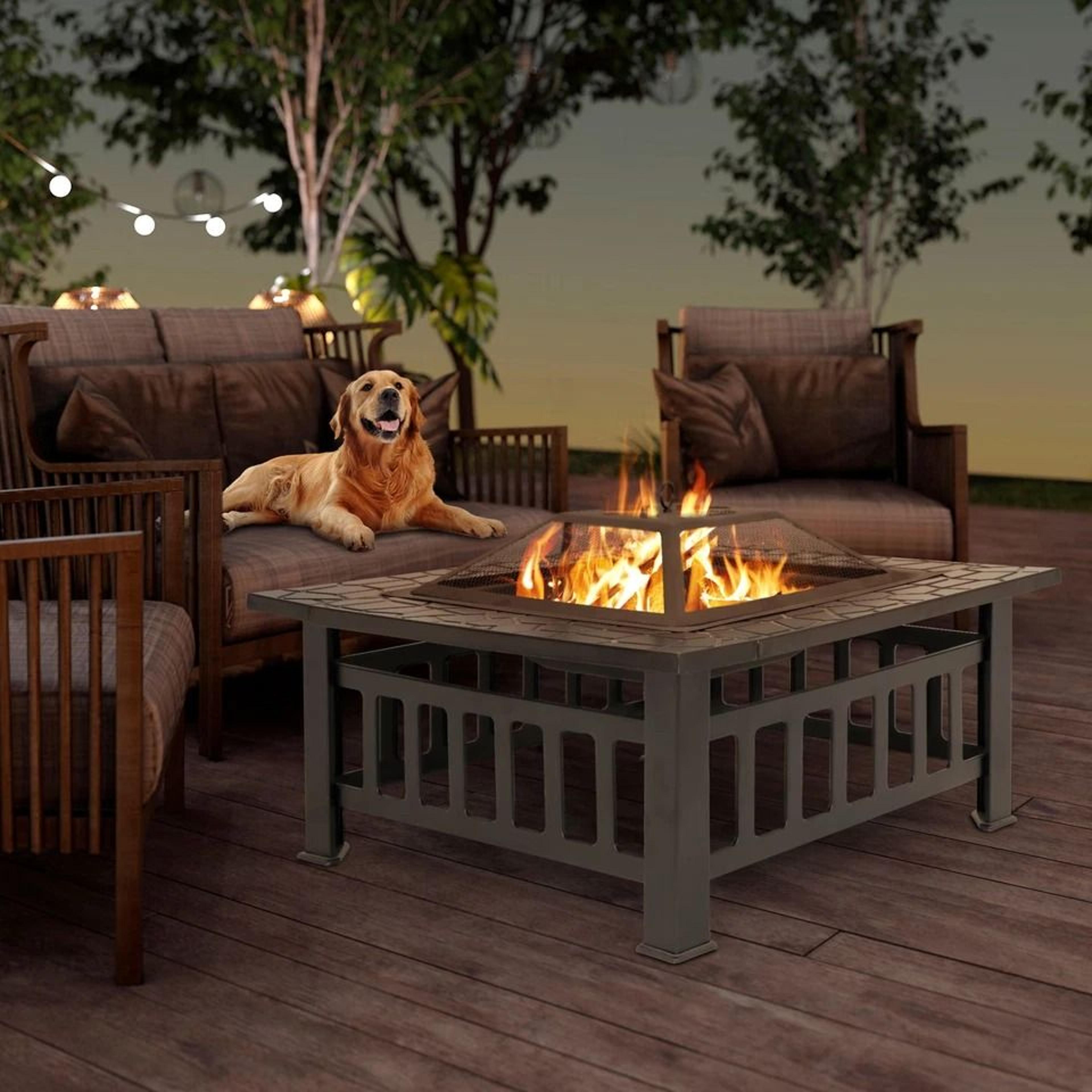 square outdoor fire pit with mesh spark cover charcoal grill rustic backyard patio firepit