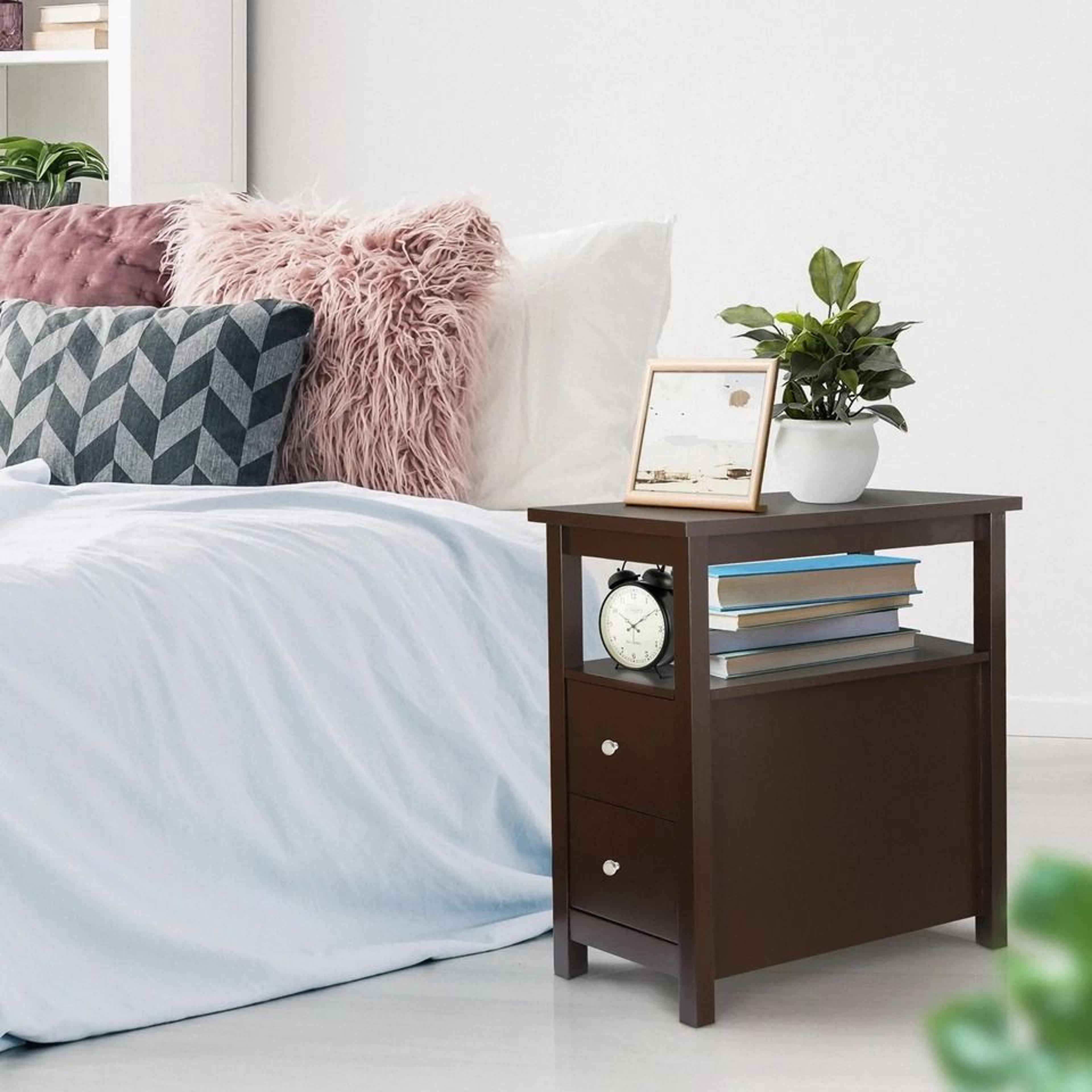 slim reddish brown narrow end table with drawer storage and shelf for small spaces