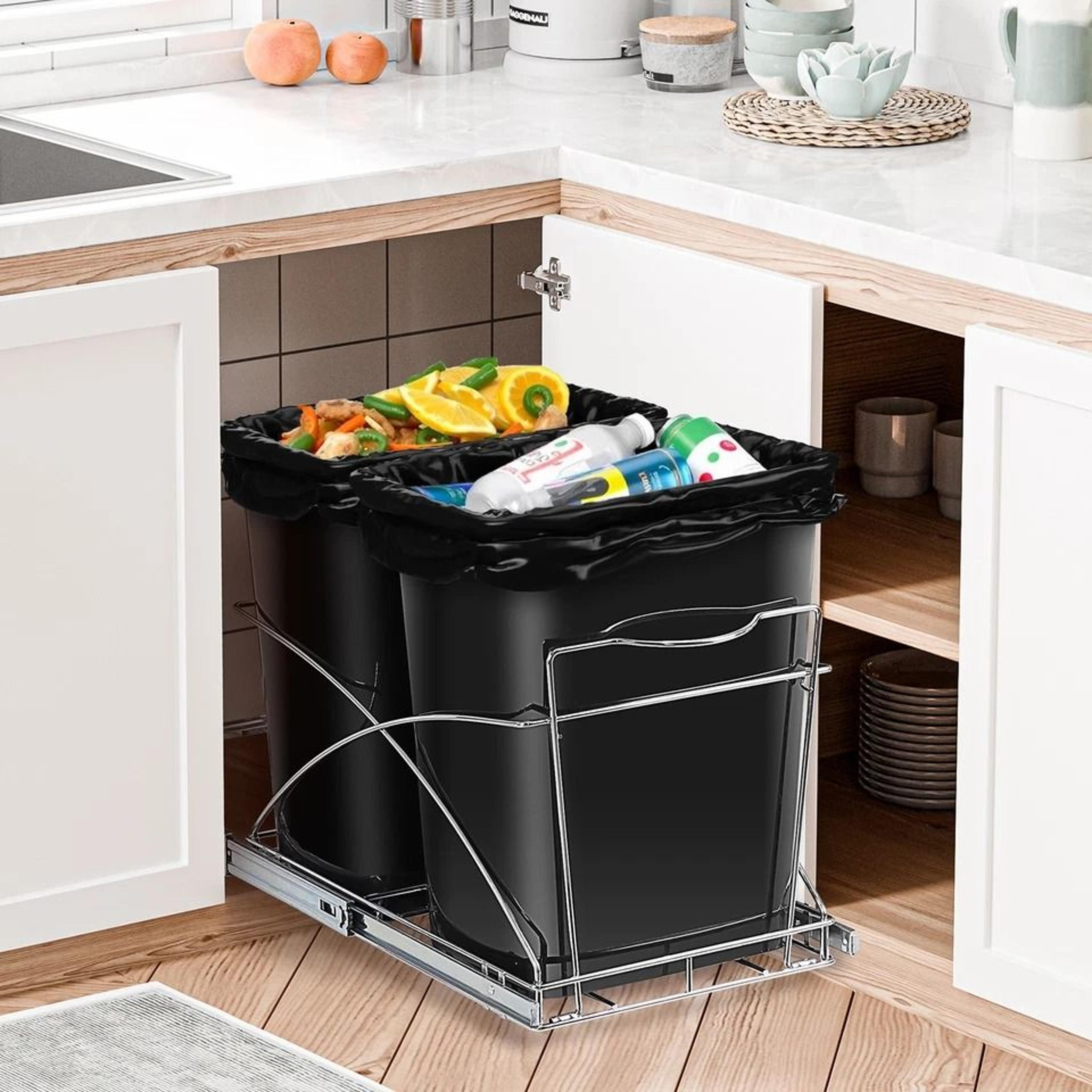 double pull out trash can under cabinet sliding kitchen bin dual cabinet garbage container