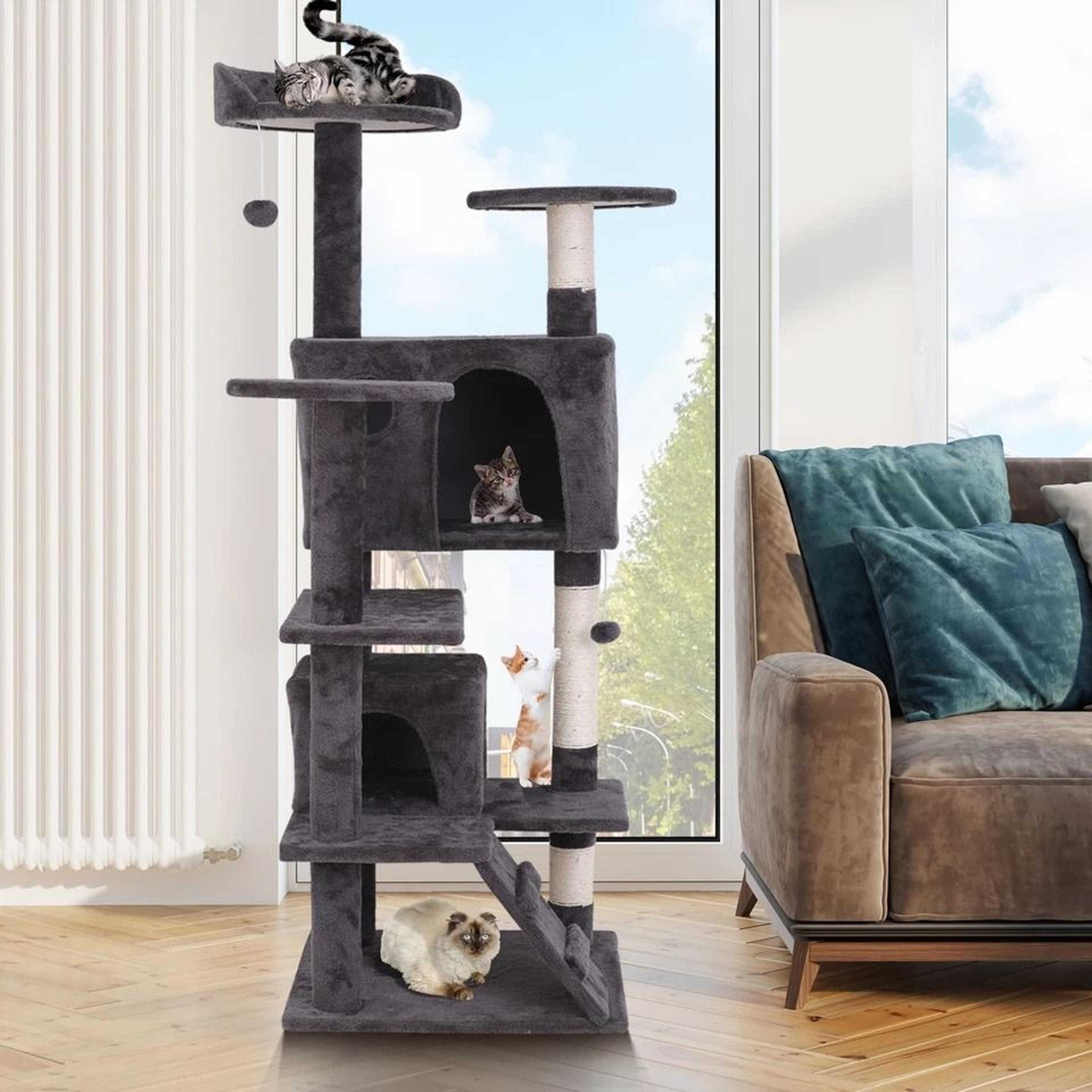 multi level cat tree condo with cat scratching post, plush cat tower, kitten playhouse cave & ladders