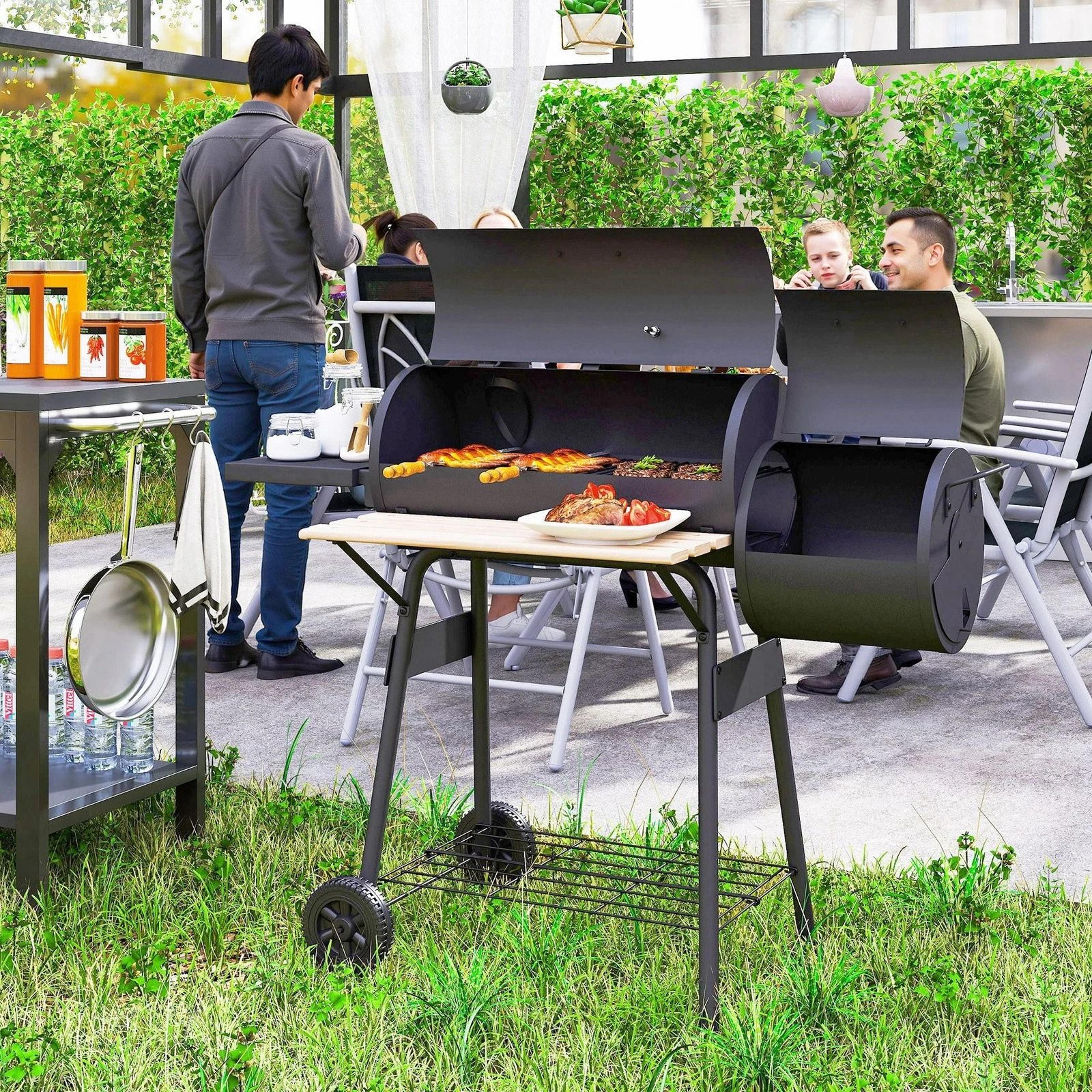 portable charcoal bbq grill & offset smoker combo backyard barbecue cooker with storage shelves