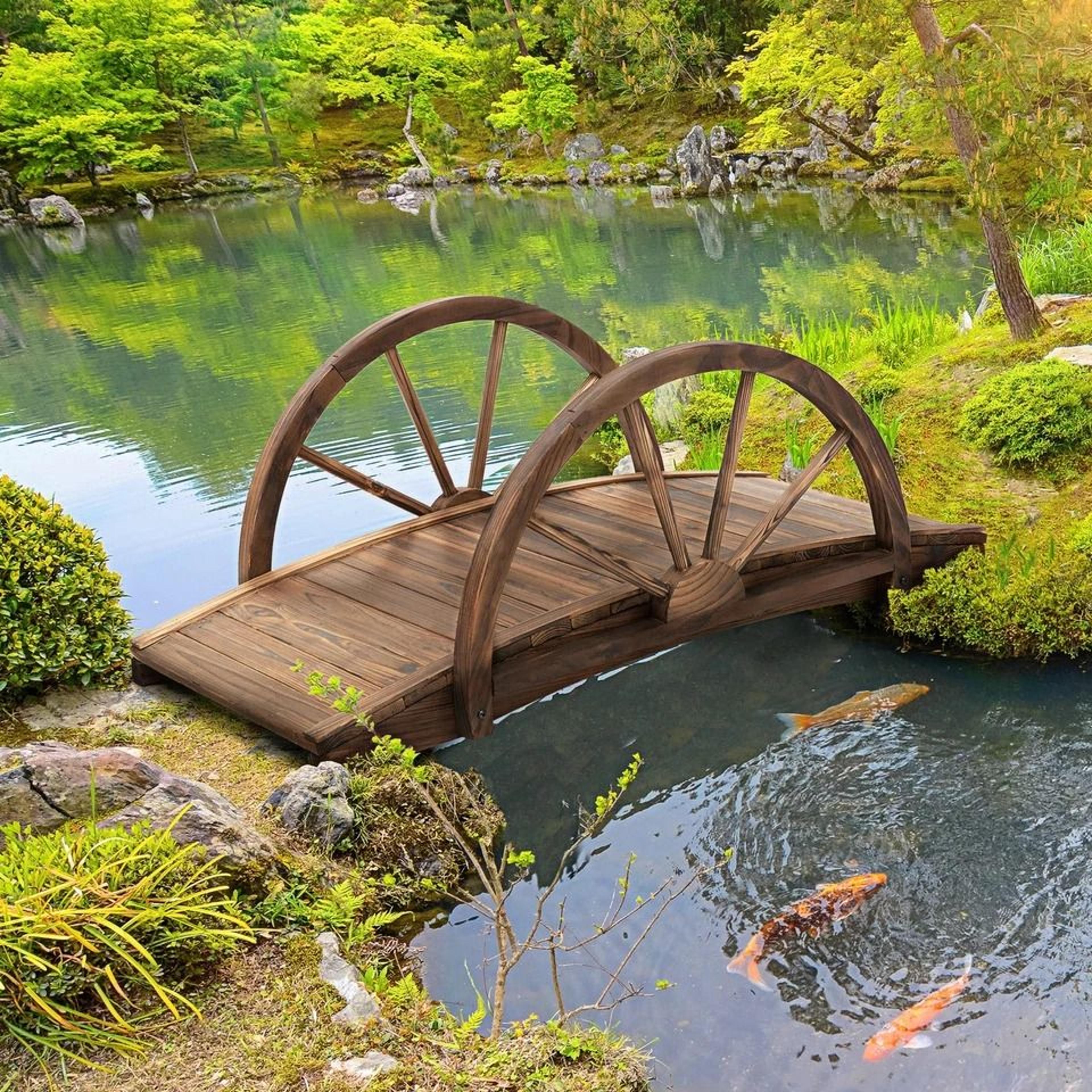 wooden garden bridge with arched railings outdoor decorative walkway for yard pond landscape