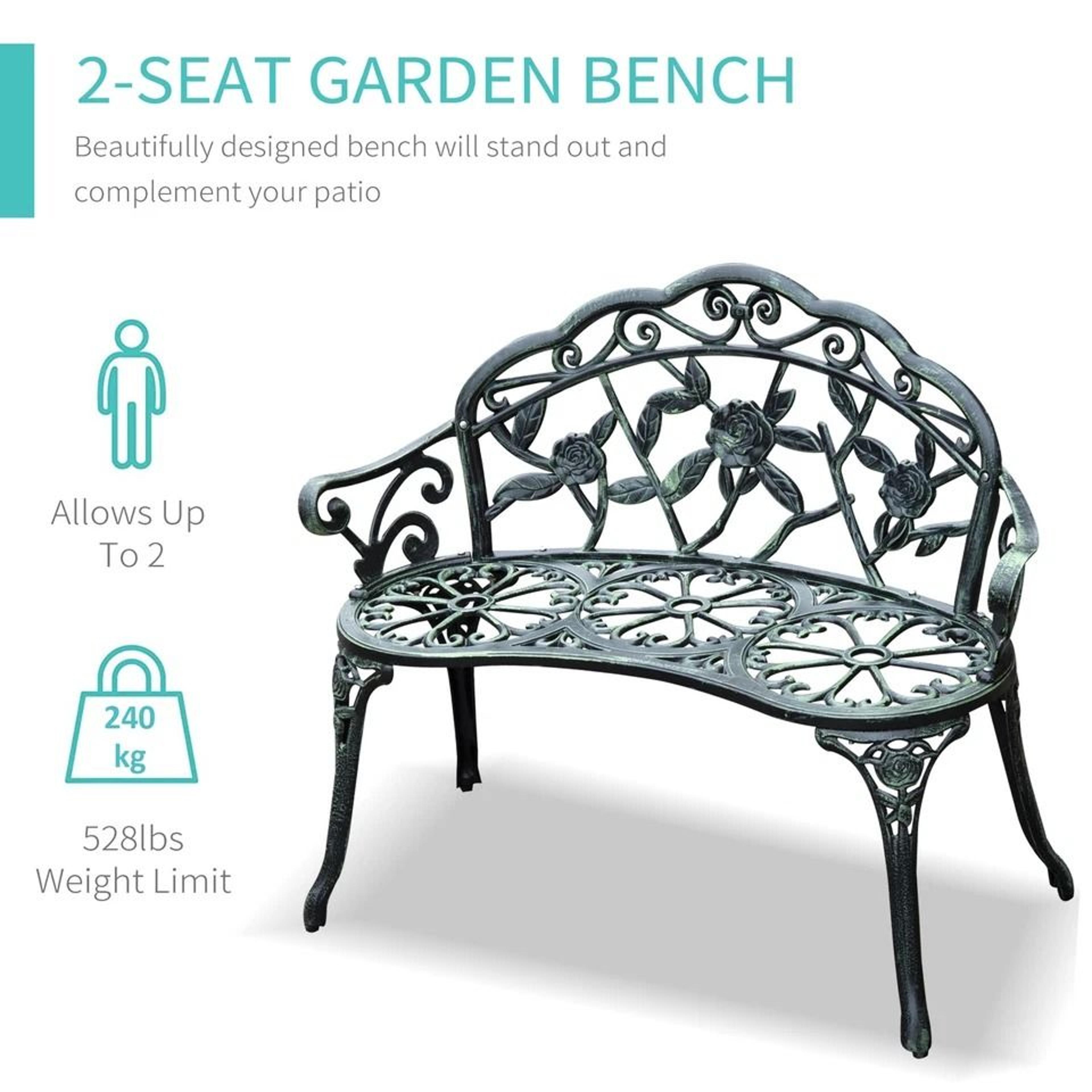 Vintage Cast Aluminum Garden Bench With Rose Design Outdoor Patio Seating 5