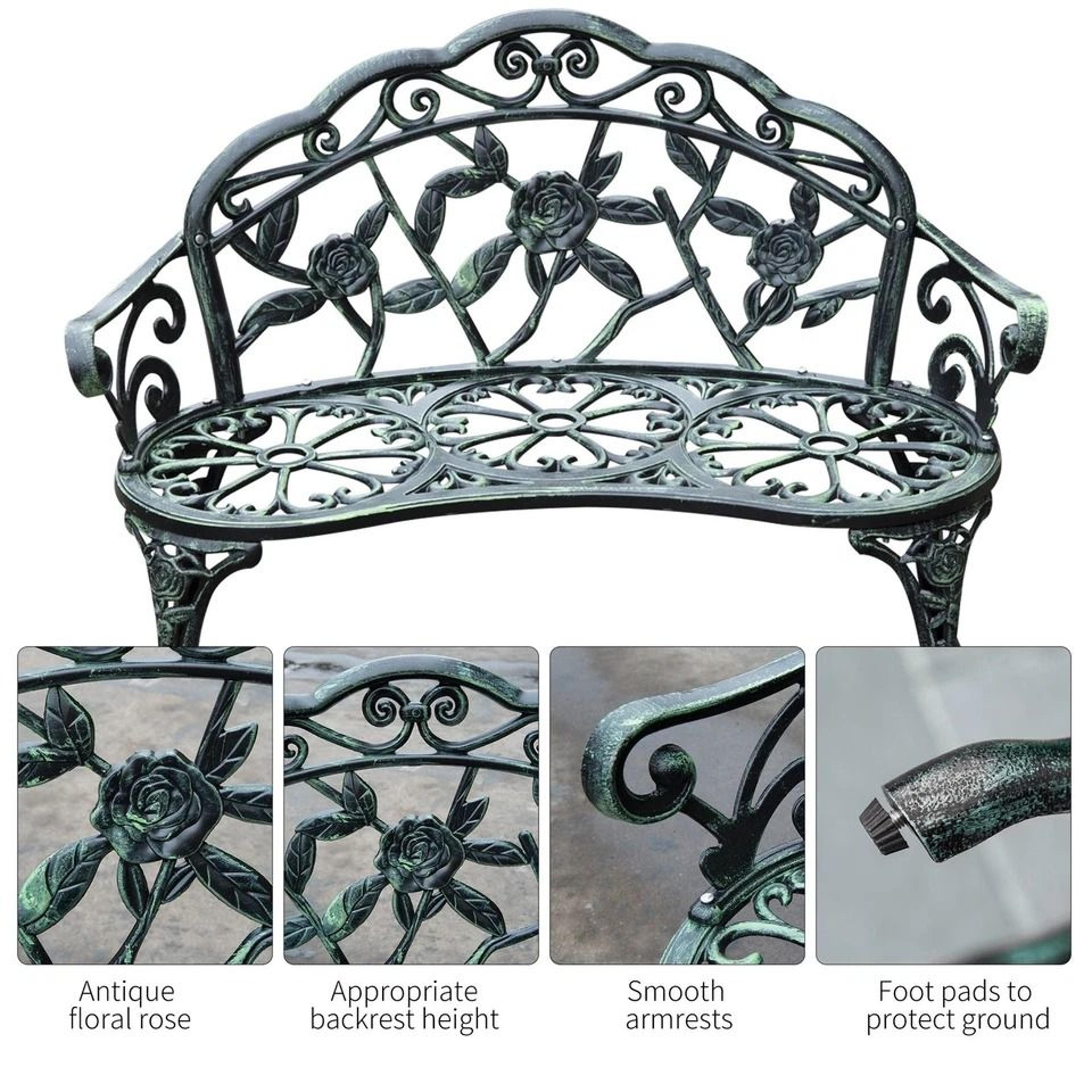 Vintage Cast Aluminum Garden Bench With Rose Design Outdoor Patio Seating 6