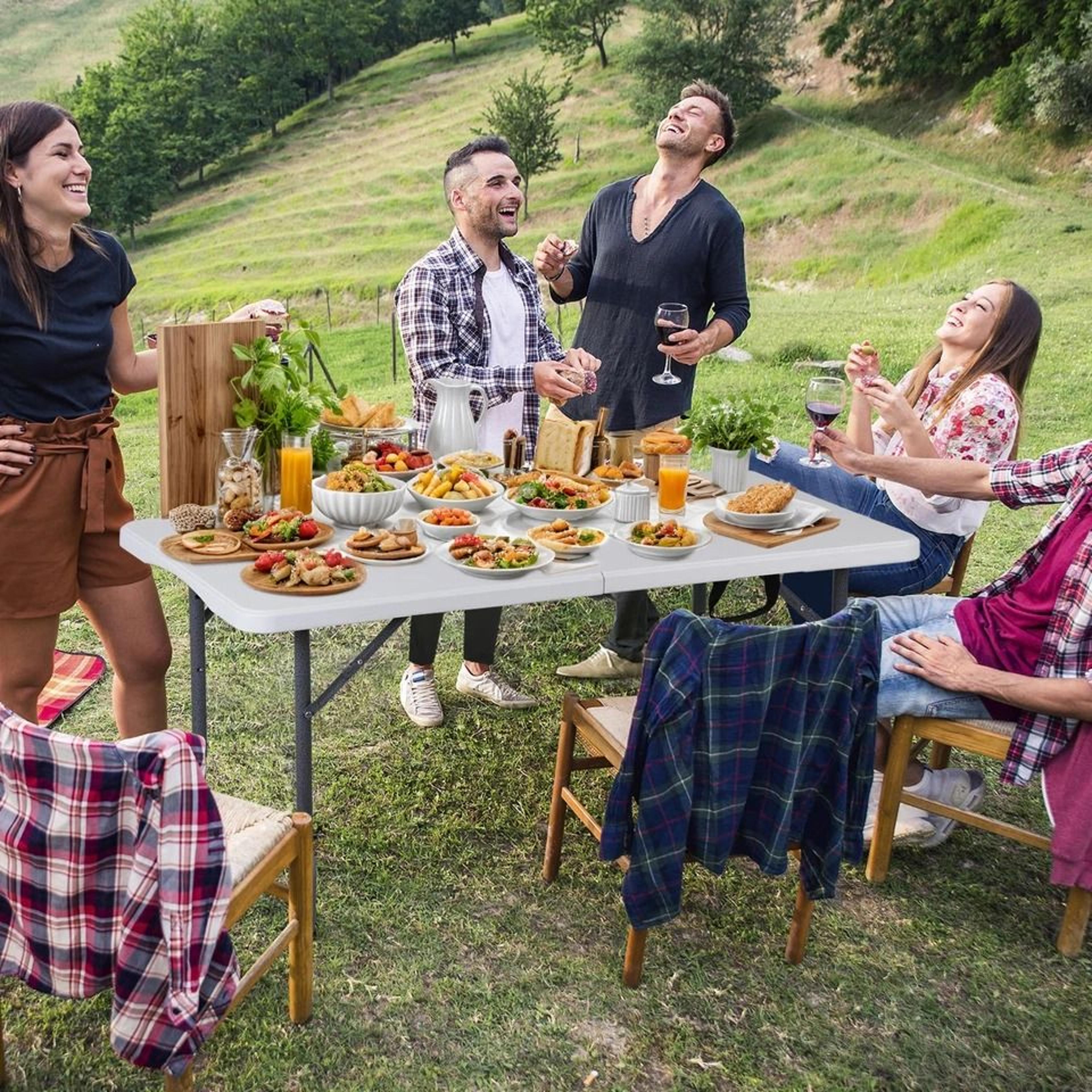 portable fold in half adjustable folding table heavy duty plastic camping table