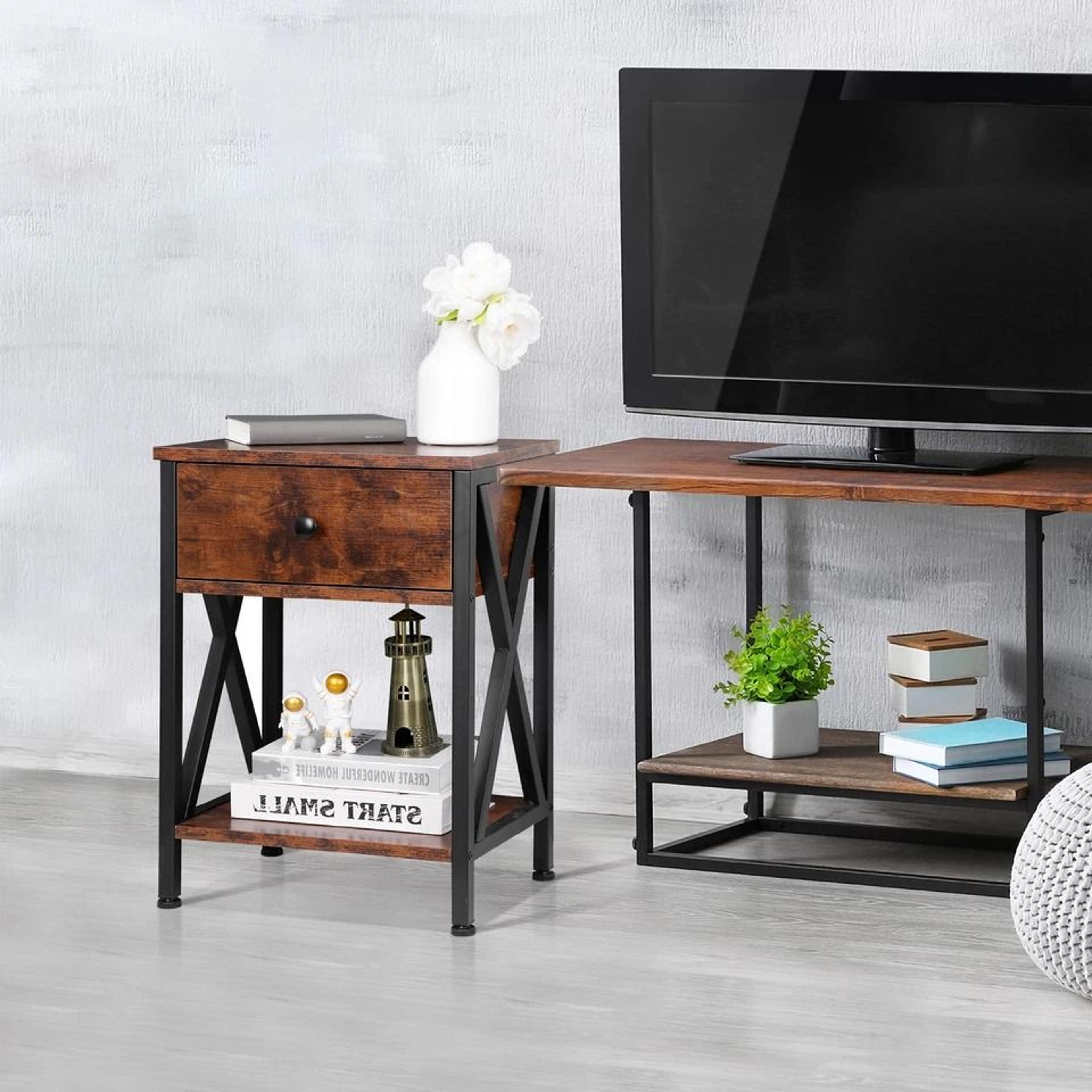 x shaped end table with drawer and shelf compact wooden side table for living room bedroom storage