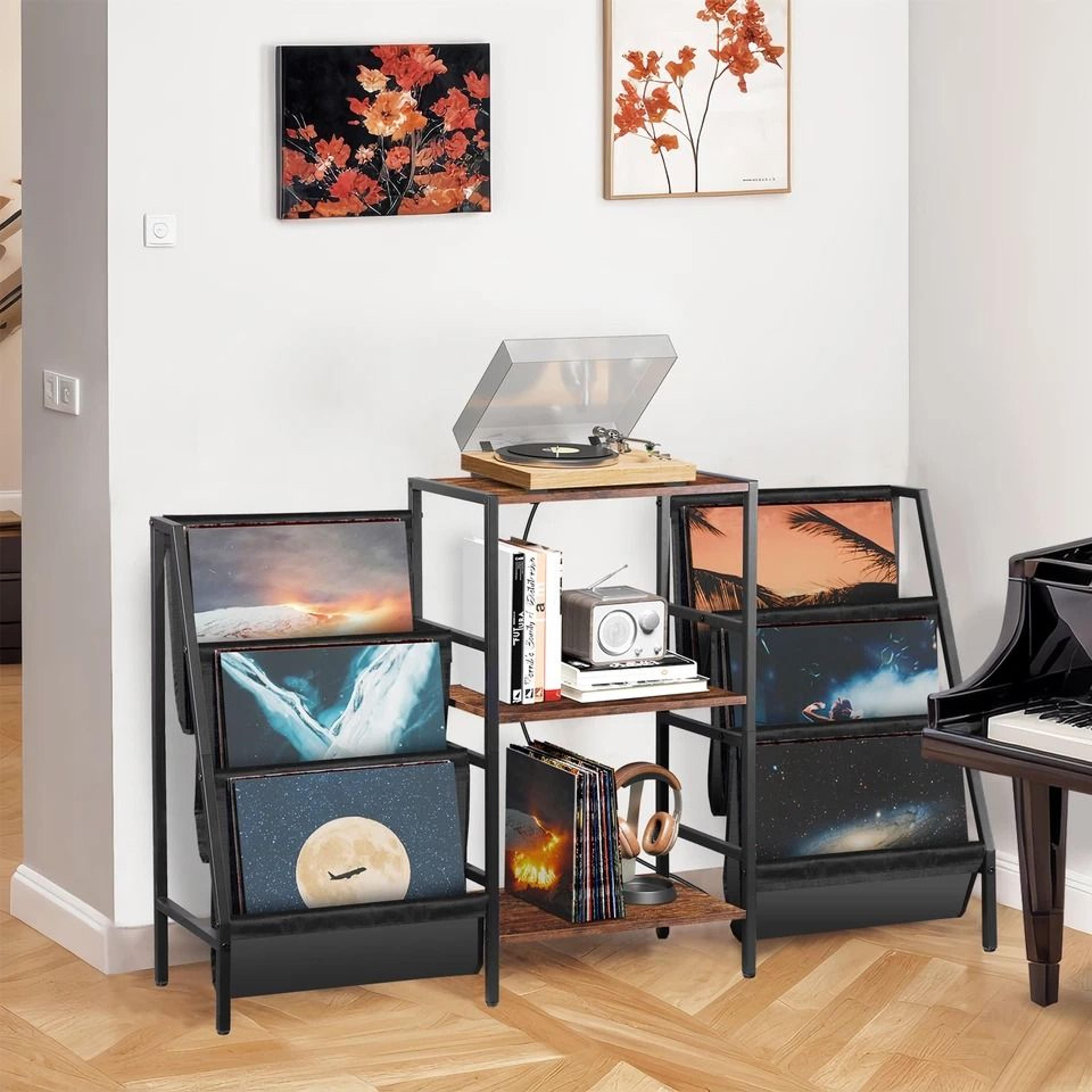 vintage vinyl record player stand with storage shelves and power outlet for turntable setup