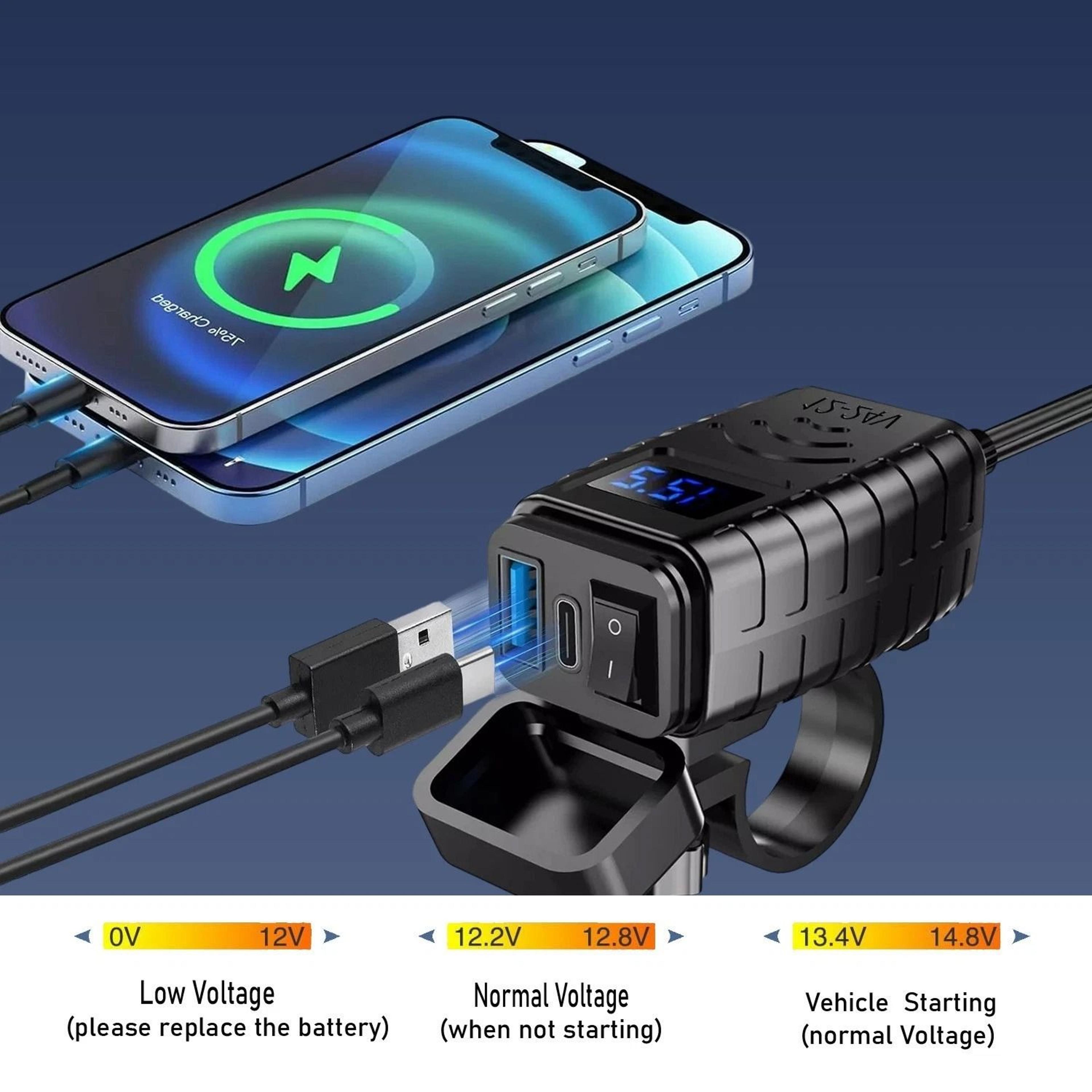 Waterproof Motorcycle USB Charger With Dual Fast Charging Ports And LED Voltmeter 5