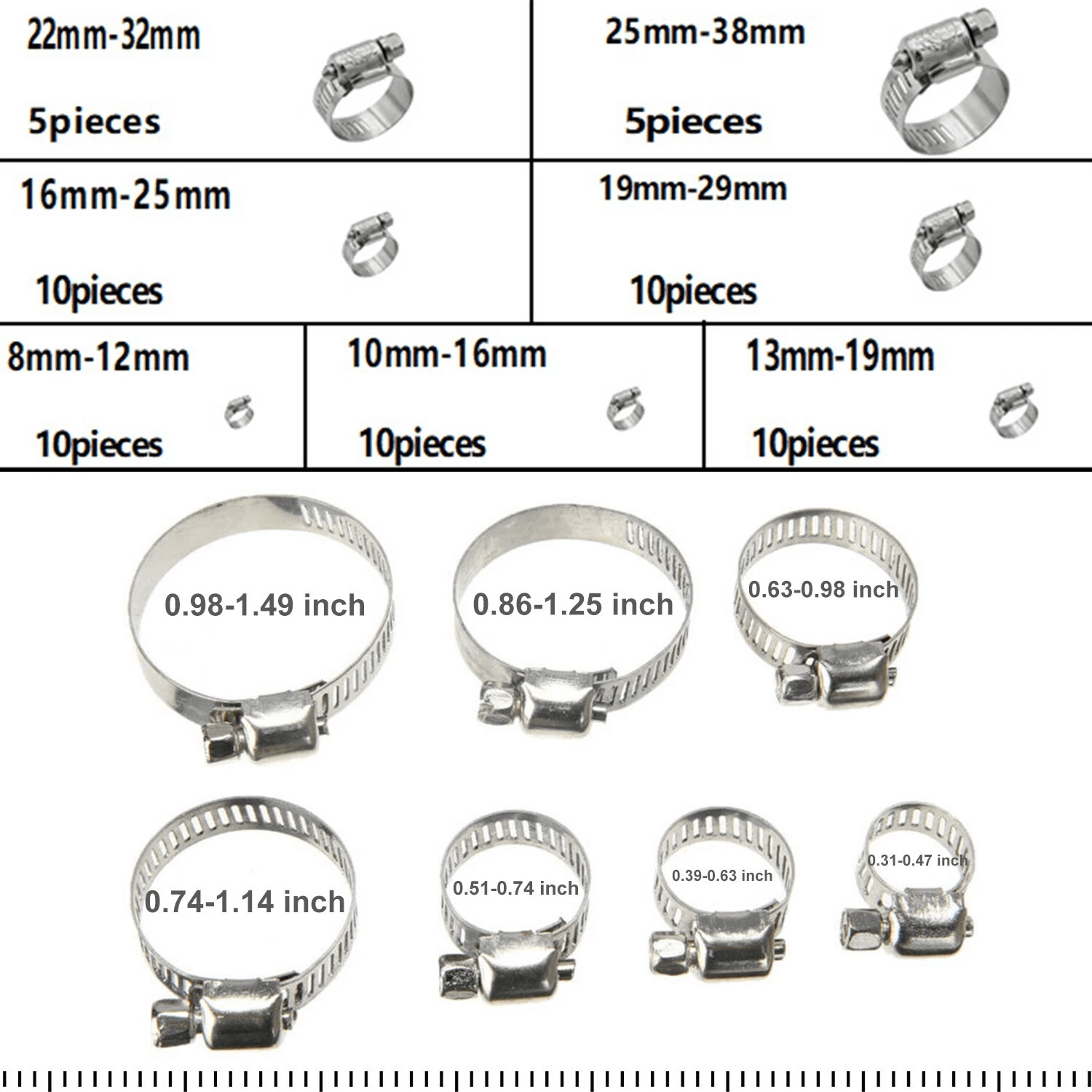 Stainless Steel Hose Clamp Assortment Kit With Sizes Adjustable Worm Gear Clamps 5