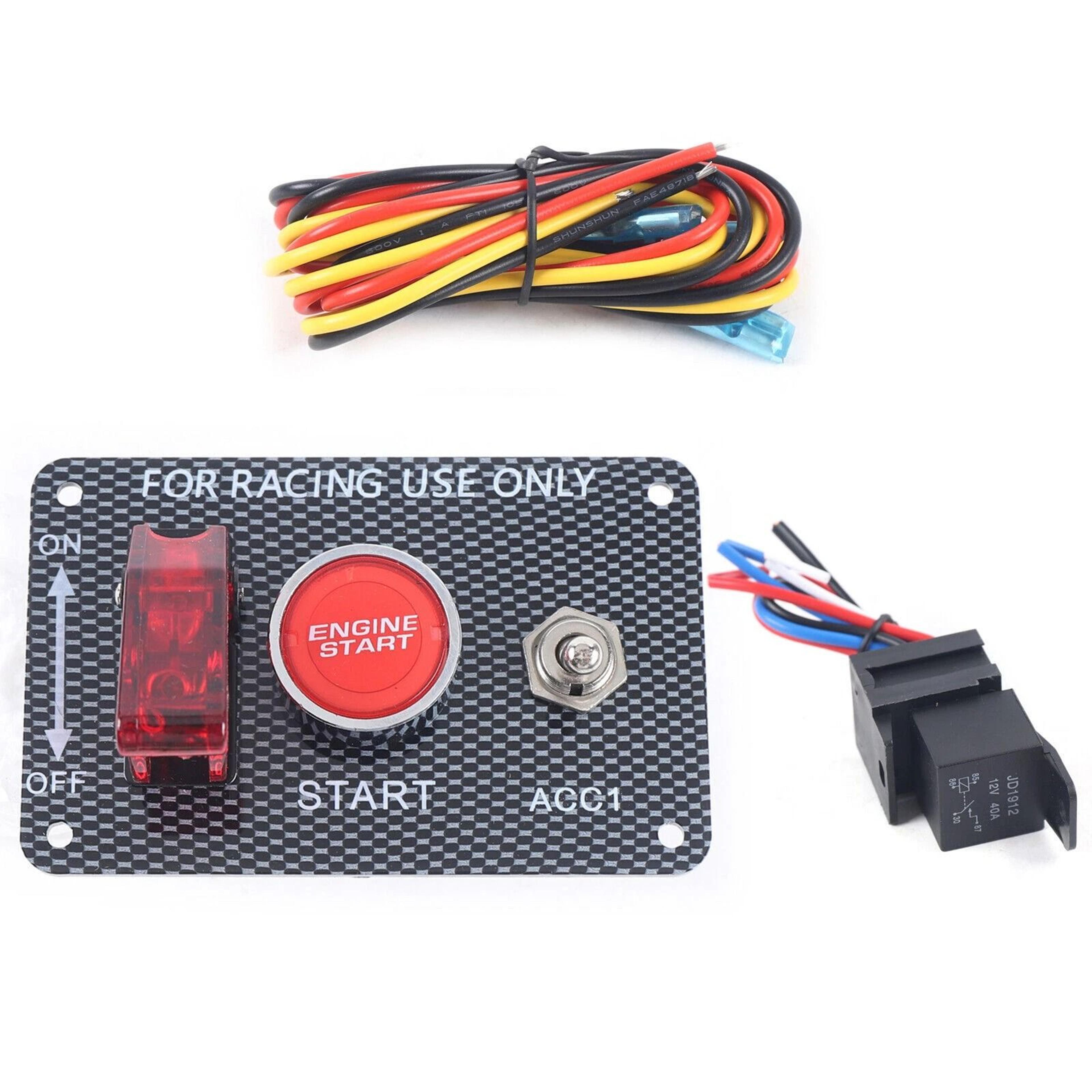 premium universal car ignition switch panel with led push button start and racing toggle carbon finish