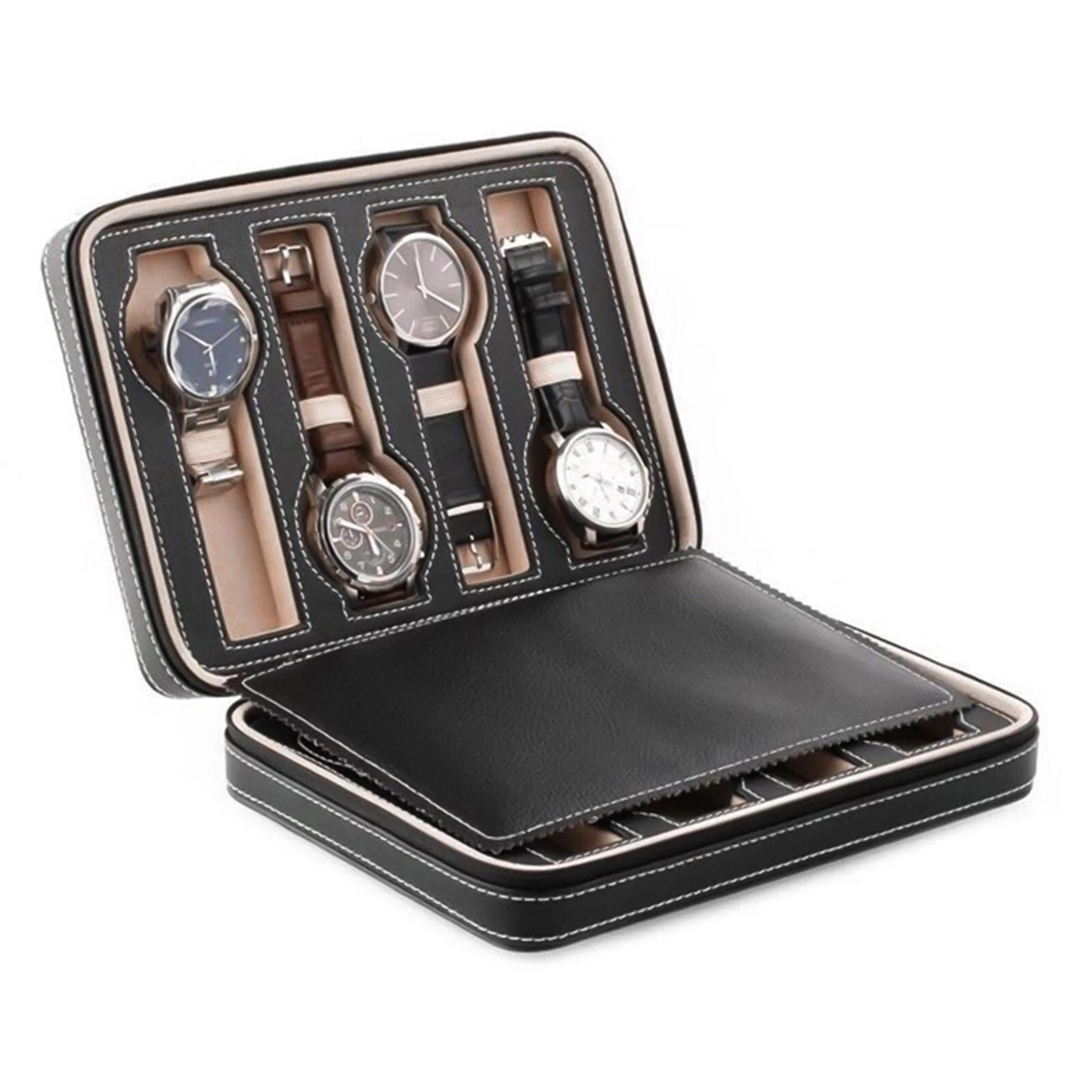 Premium Slot Watch Storage Case Portable Travel Watch Organizer With Zipper PU Leather 4