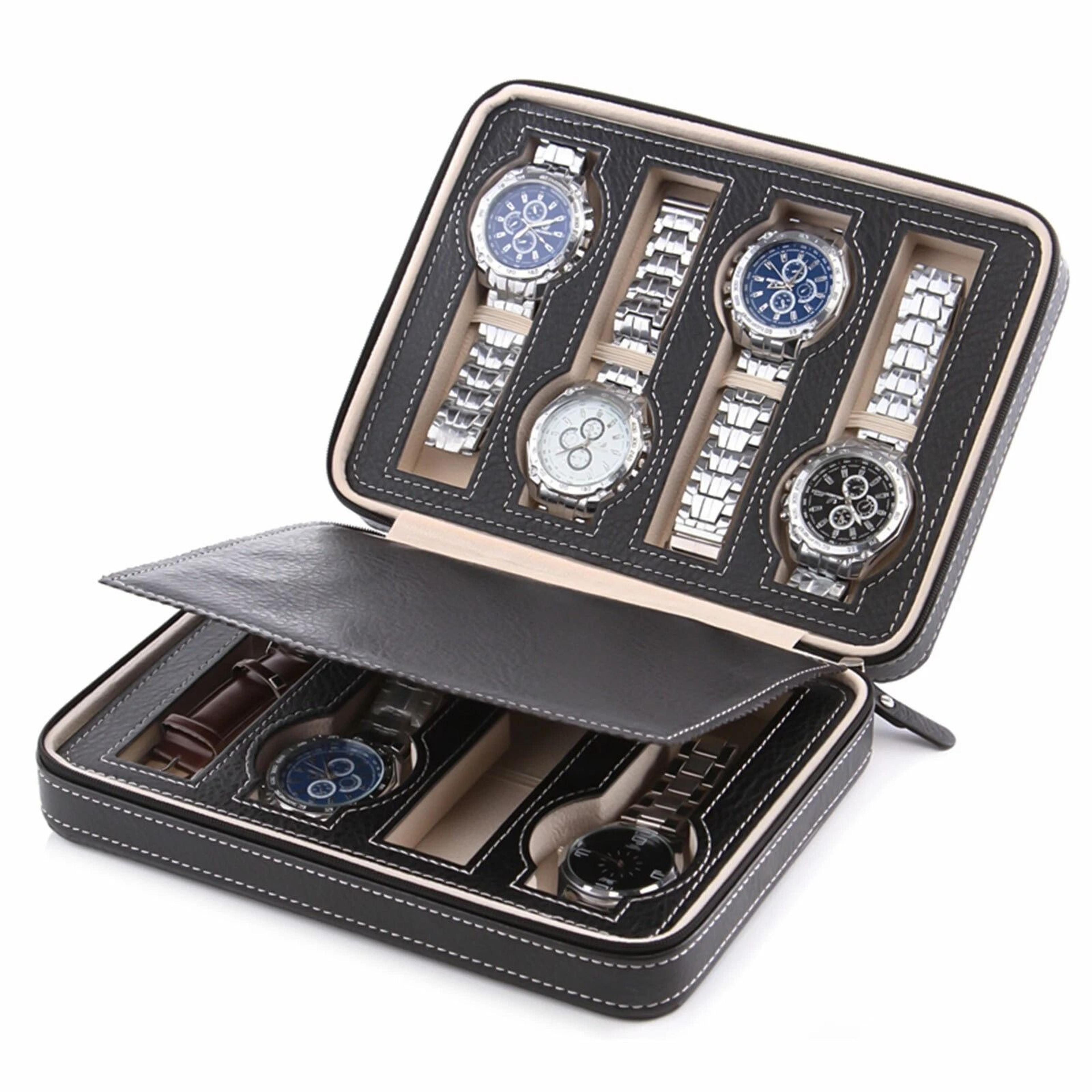 Premium Slot Watch Storage Case Portable Travel Watch Organizer With Zipper PU Leather 5