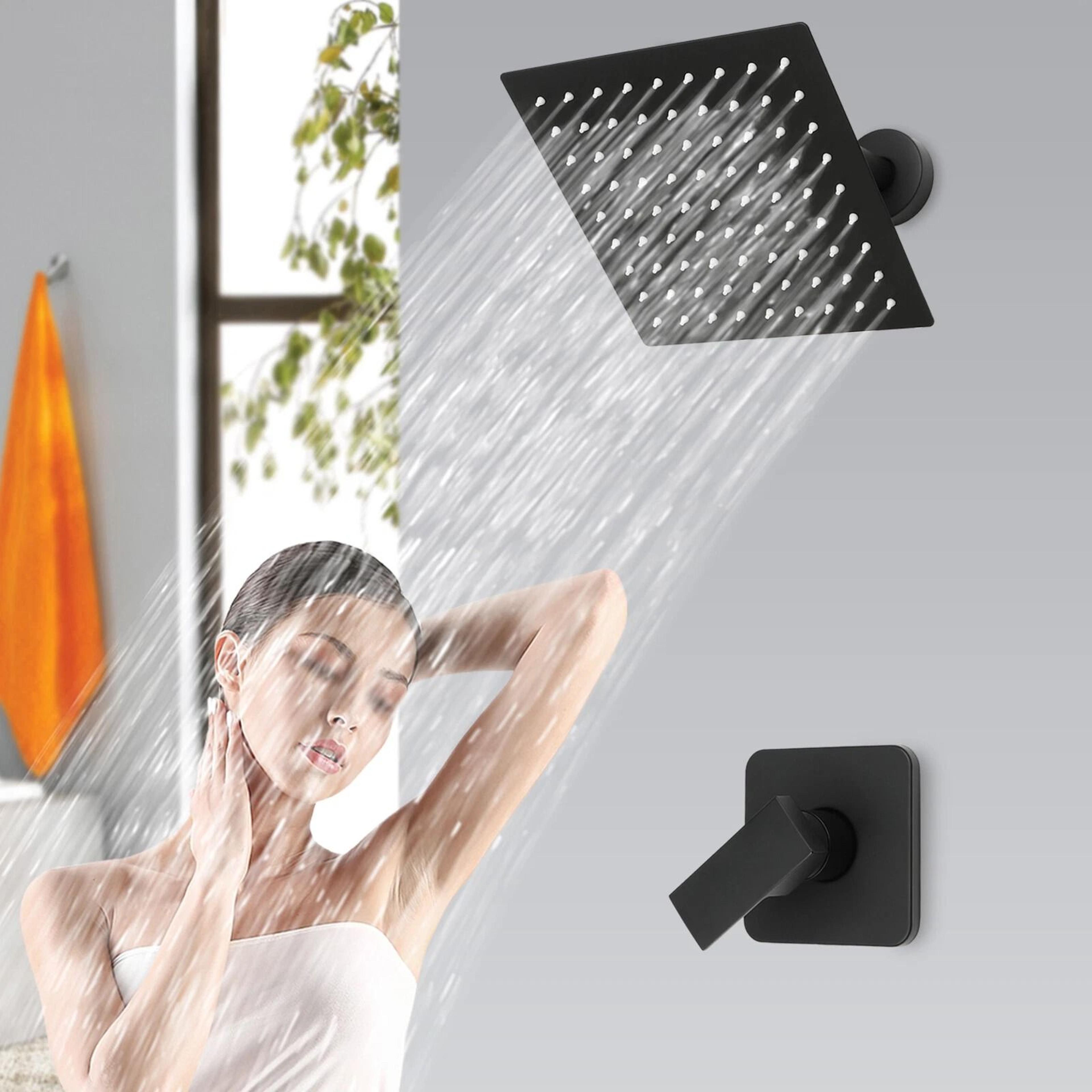 sleek black rain shower system with bathroom shower trim kit & valve