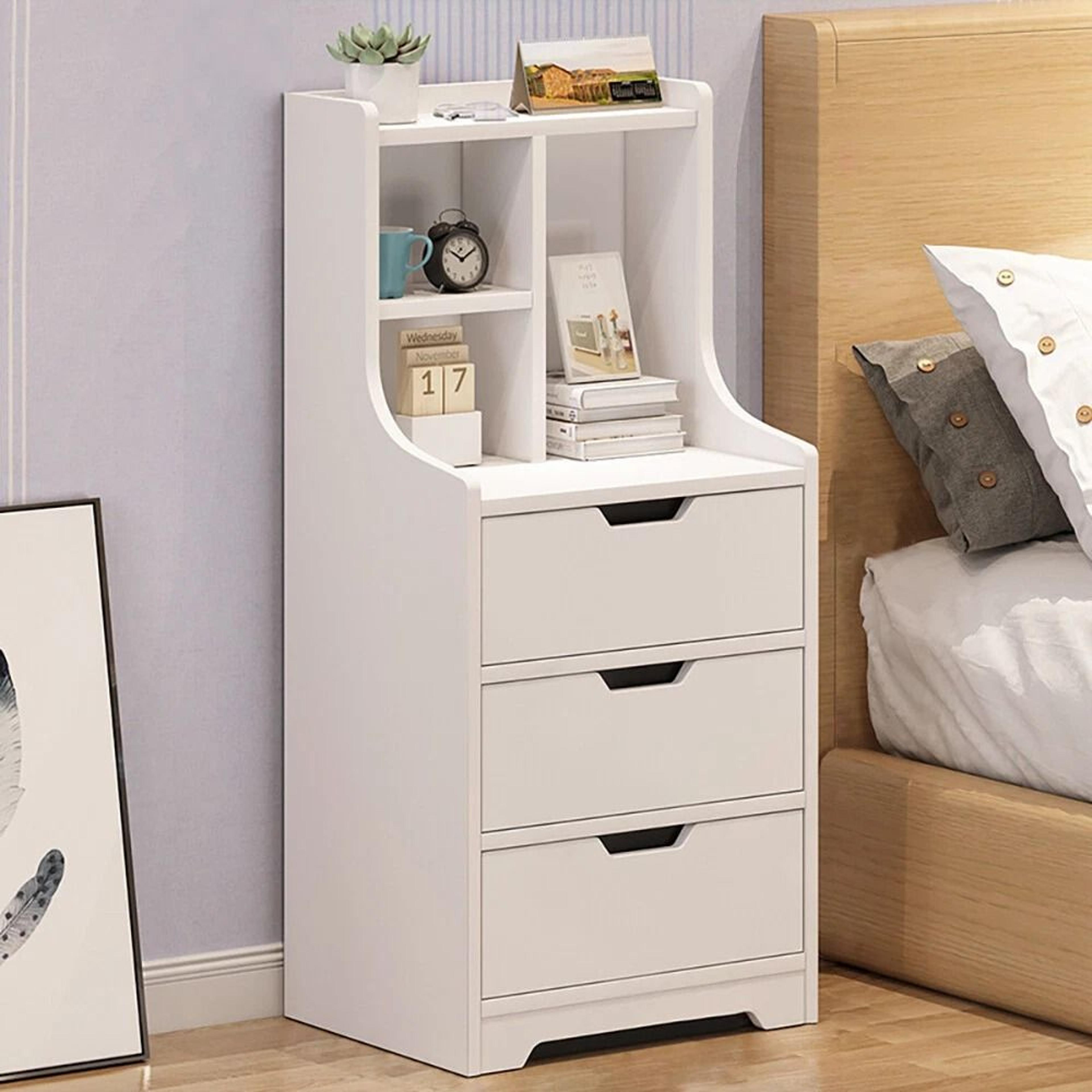 tall white nightstand with drawers for bedroom storage