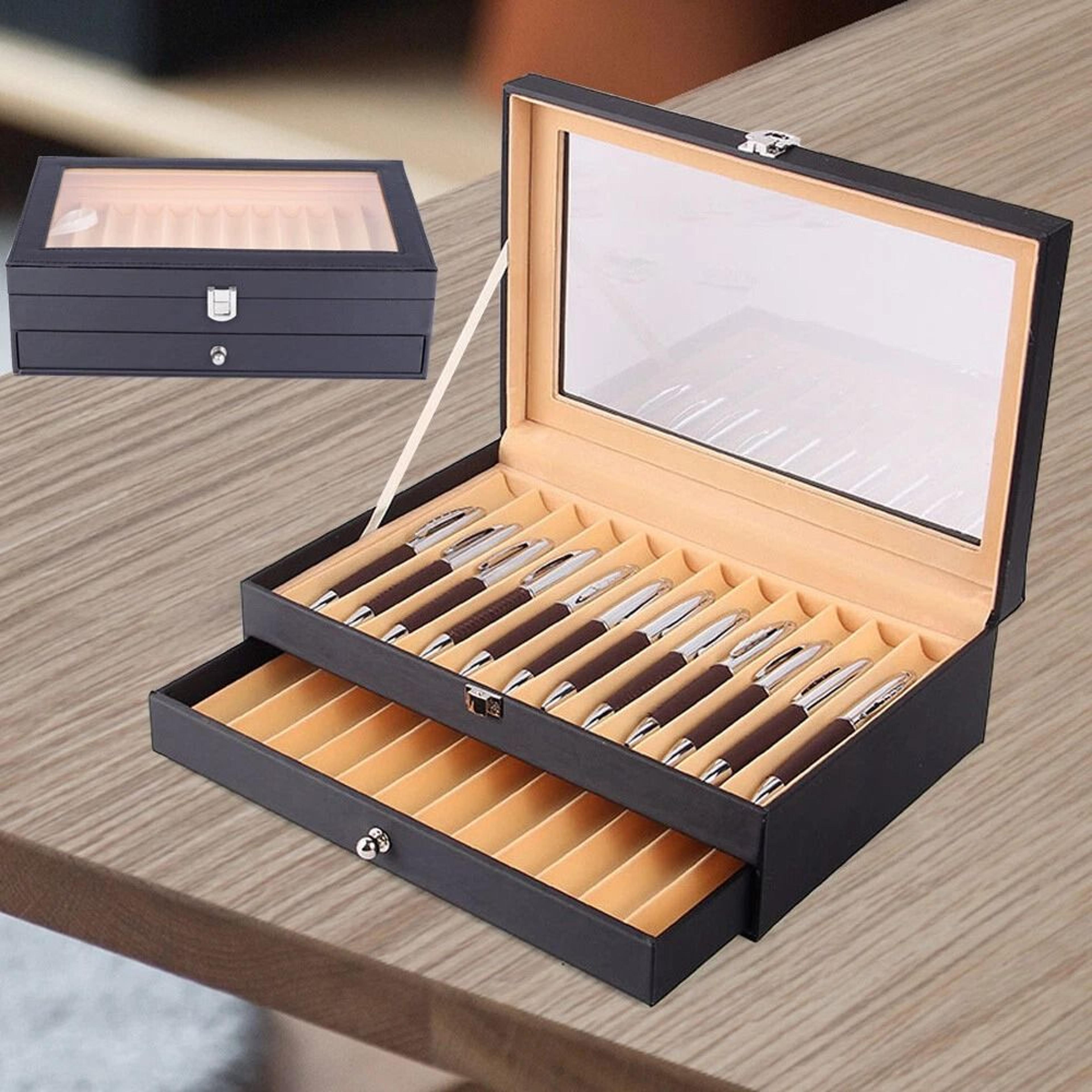 premium leather fountain pen display case & pen storage organizer slot collector box