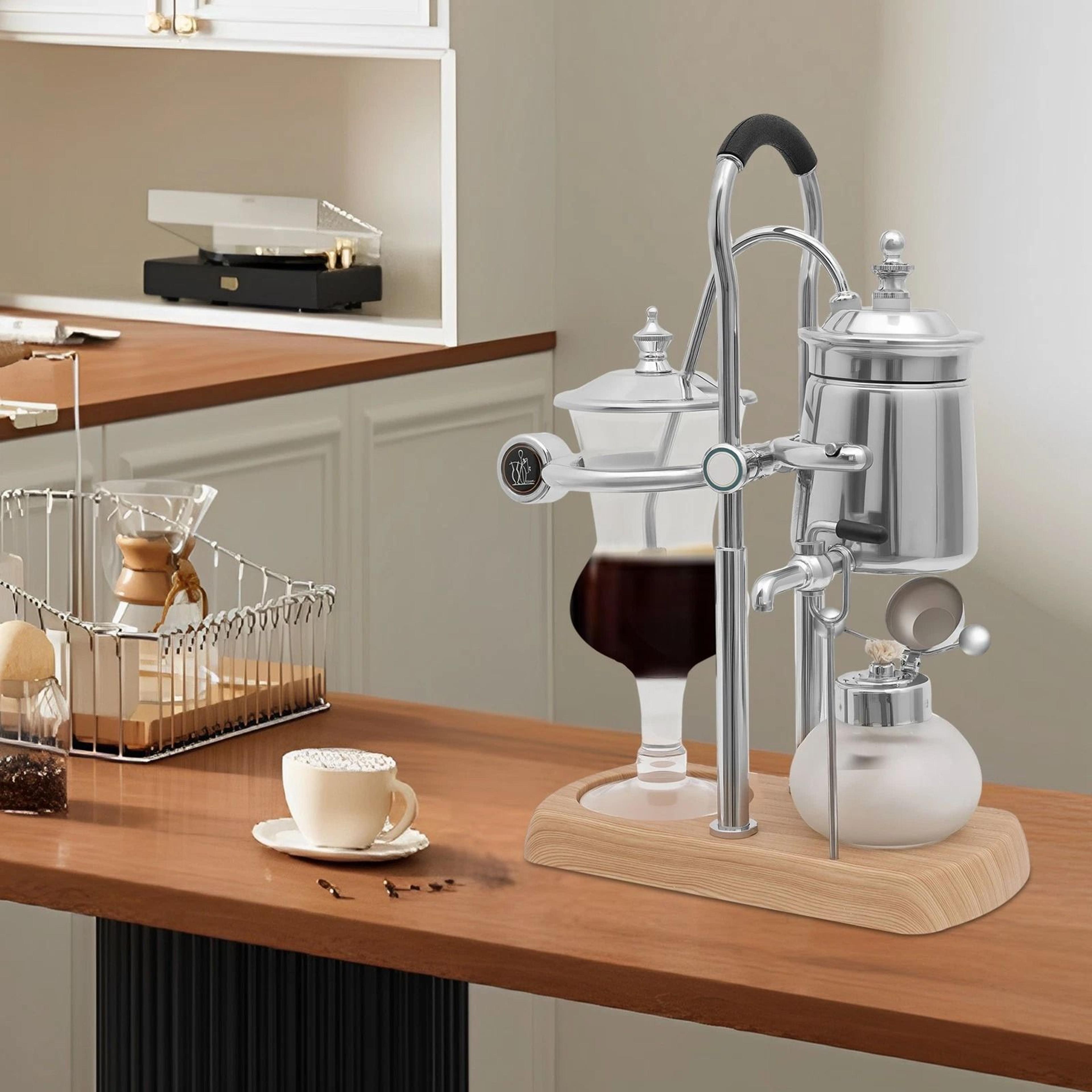 premium syphon coffee maker belgian royal family style, silver balance brewer