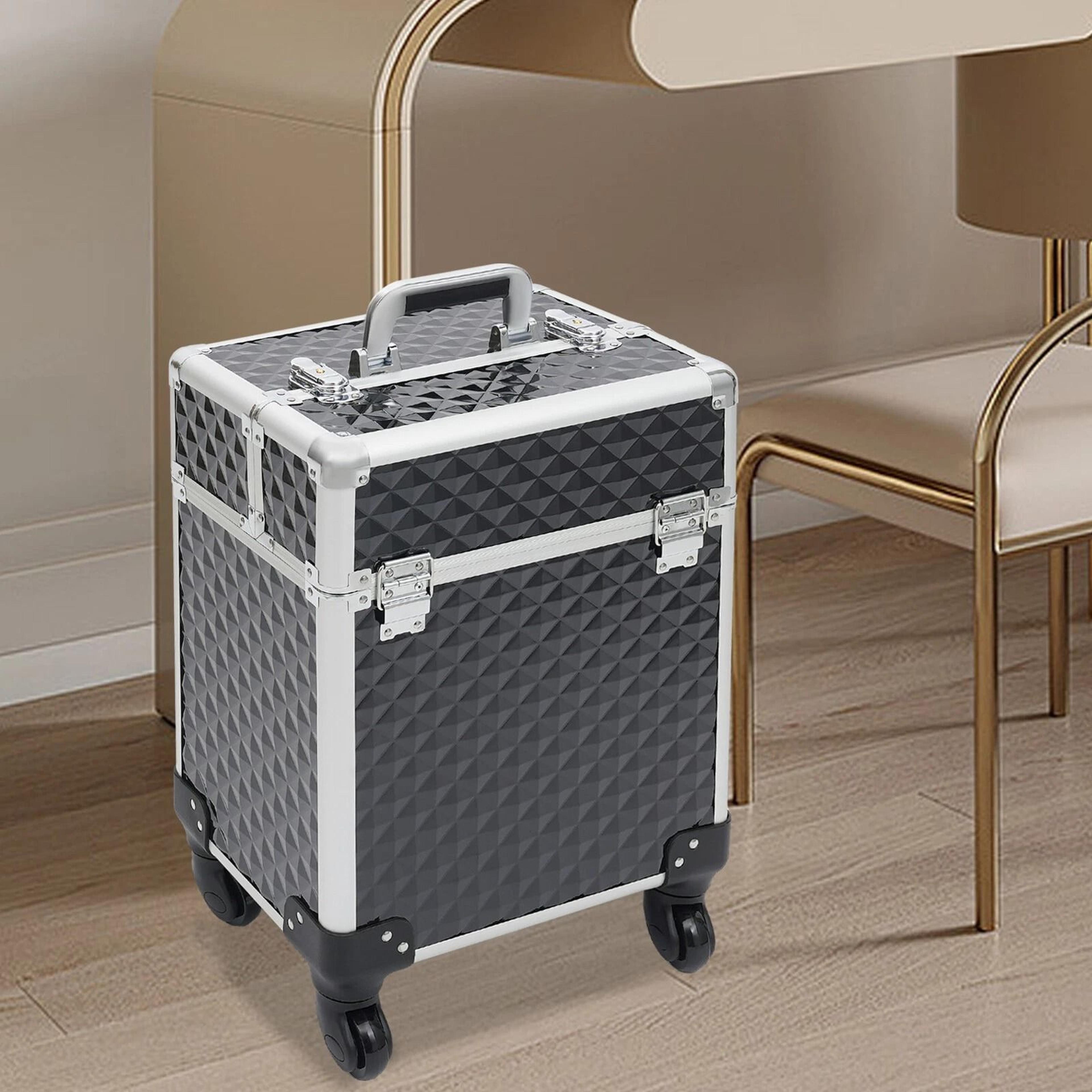 professional aluminum rolling makeup case large capacity wheeled makeup storage