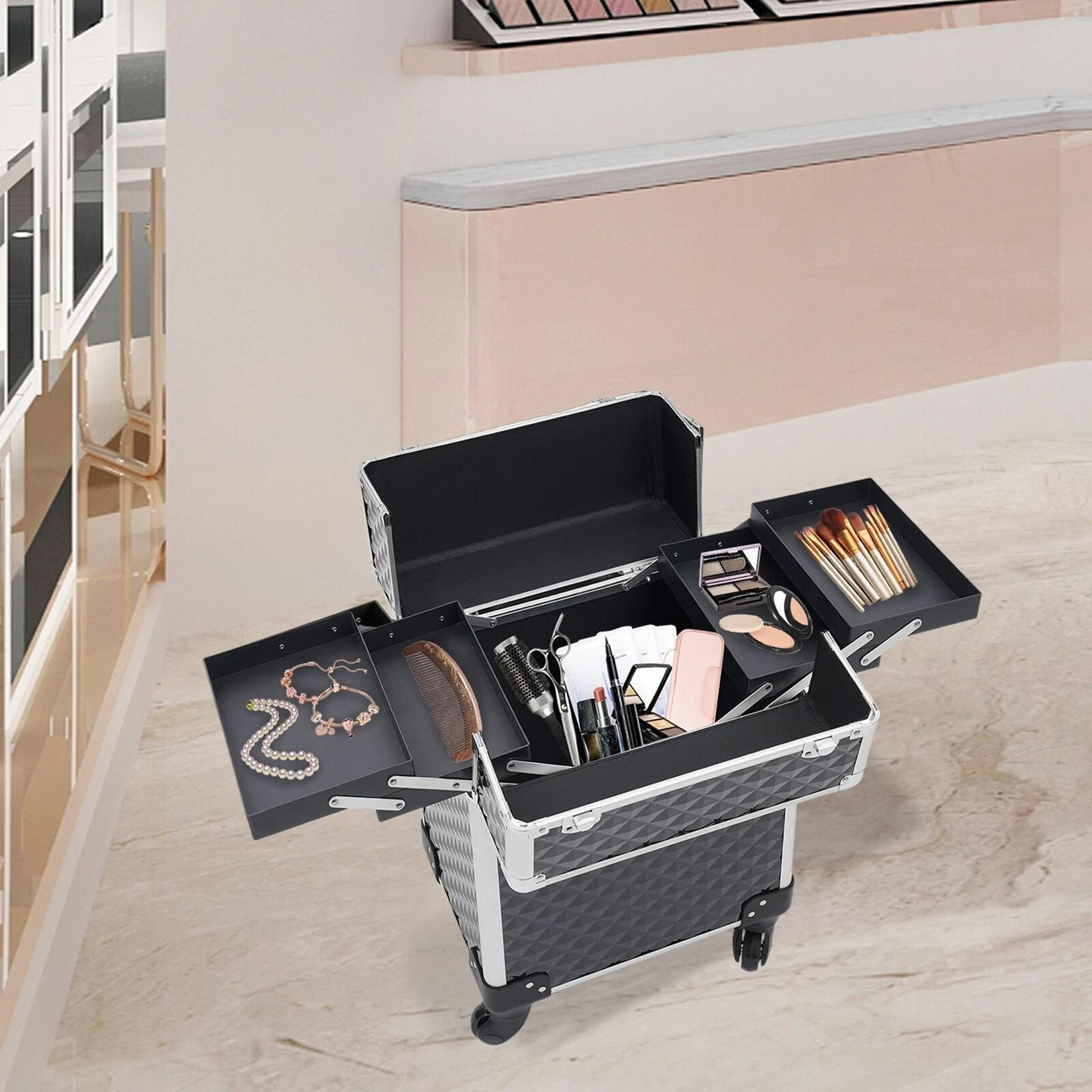 Professional Aluminum Rolling Makeup Case Large Capacity Wheeled Makeup Storage 2