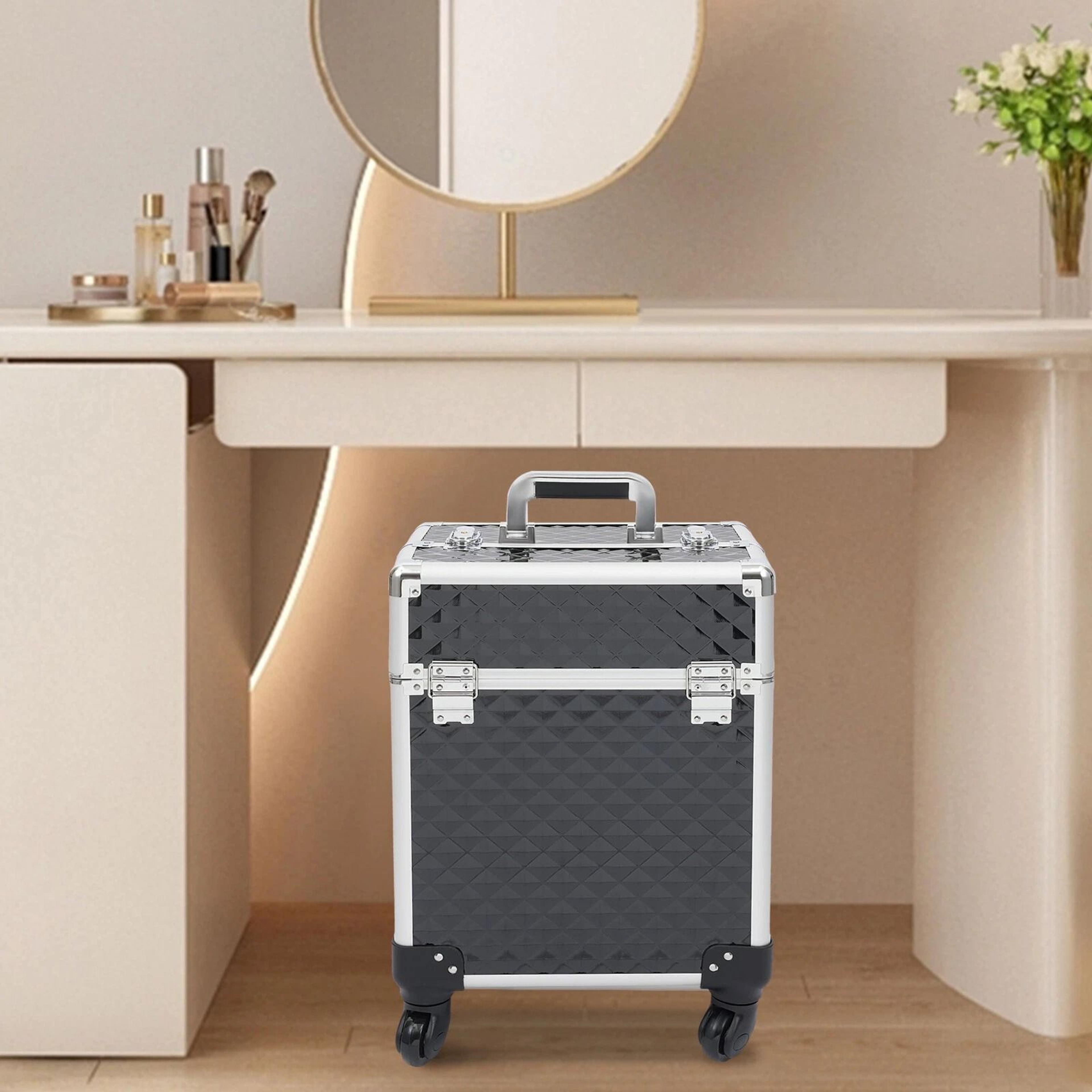 Professional Aluminum Rolling Makeup Case Large Capacity Wheeled Makeup Storage 3