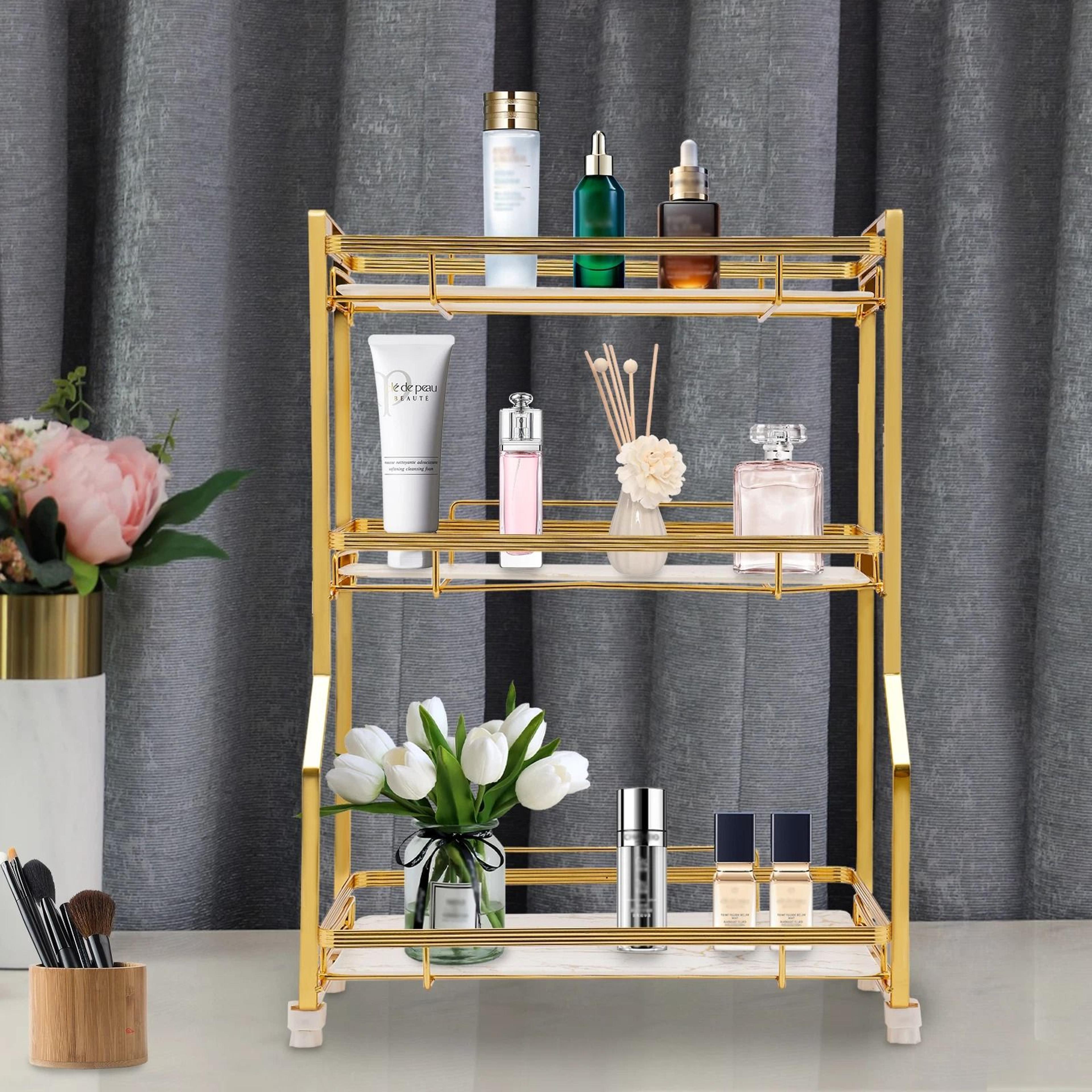 elegant tier gold vanity storage rack bathroom countertop organizer shelf