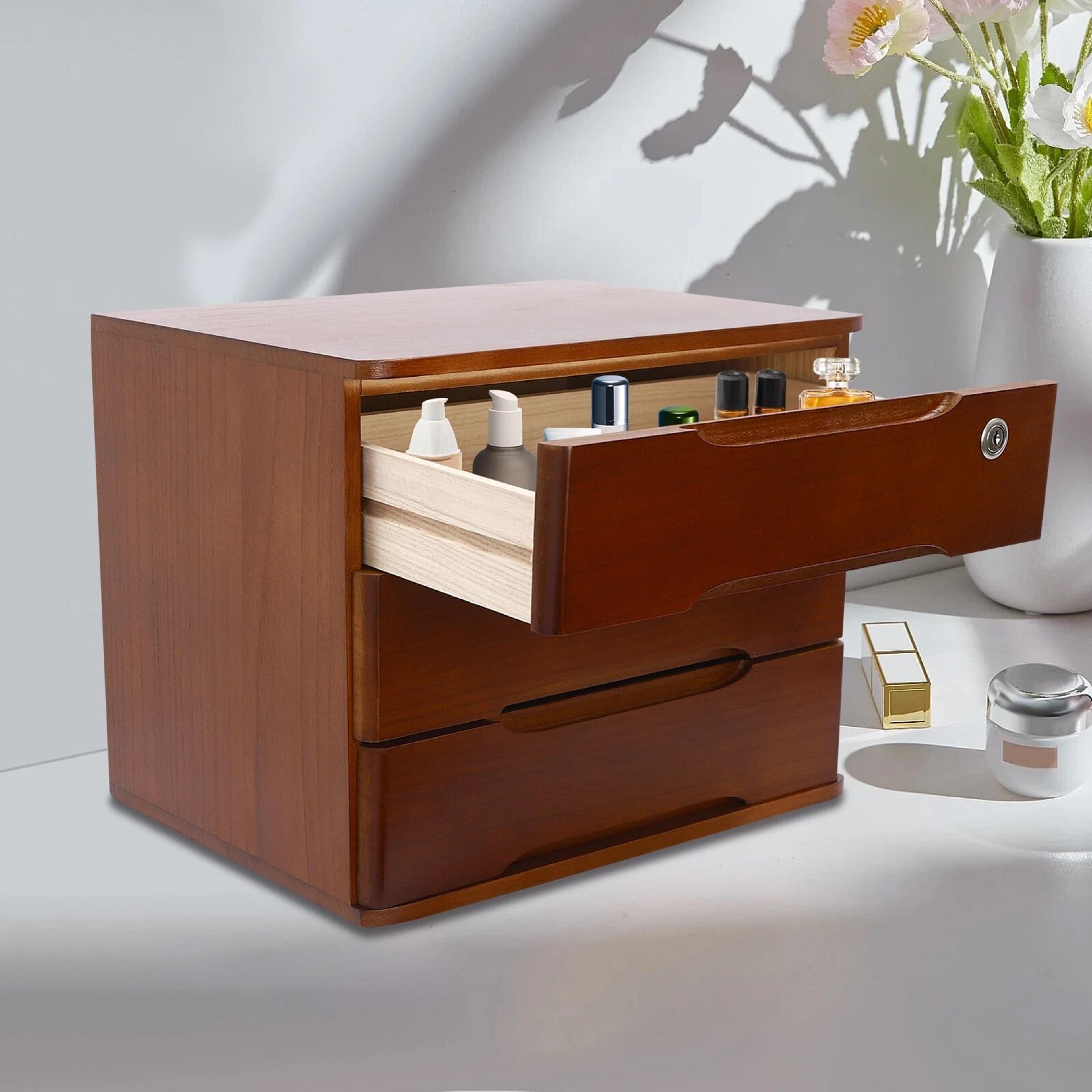 premium walnut desktop organizer with lockable drawers secure file cabinet organizer for office & home