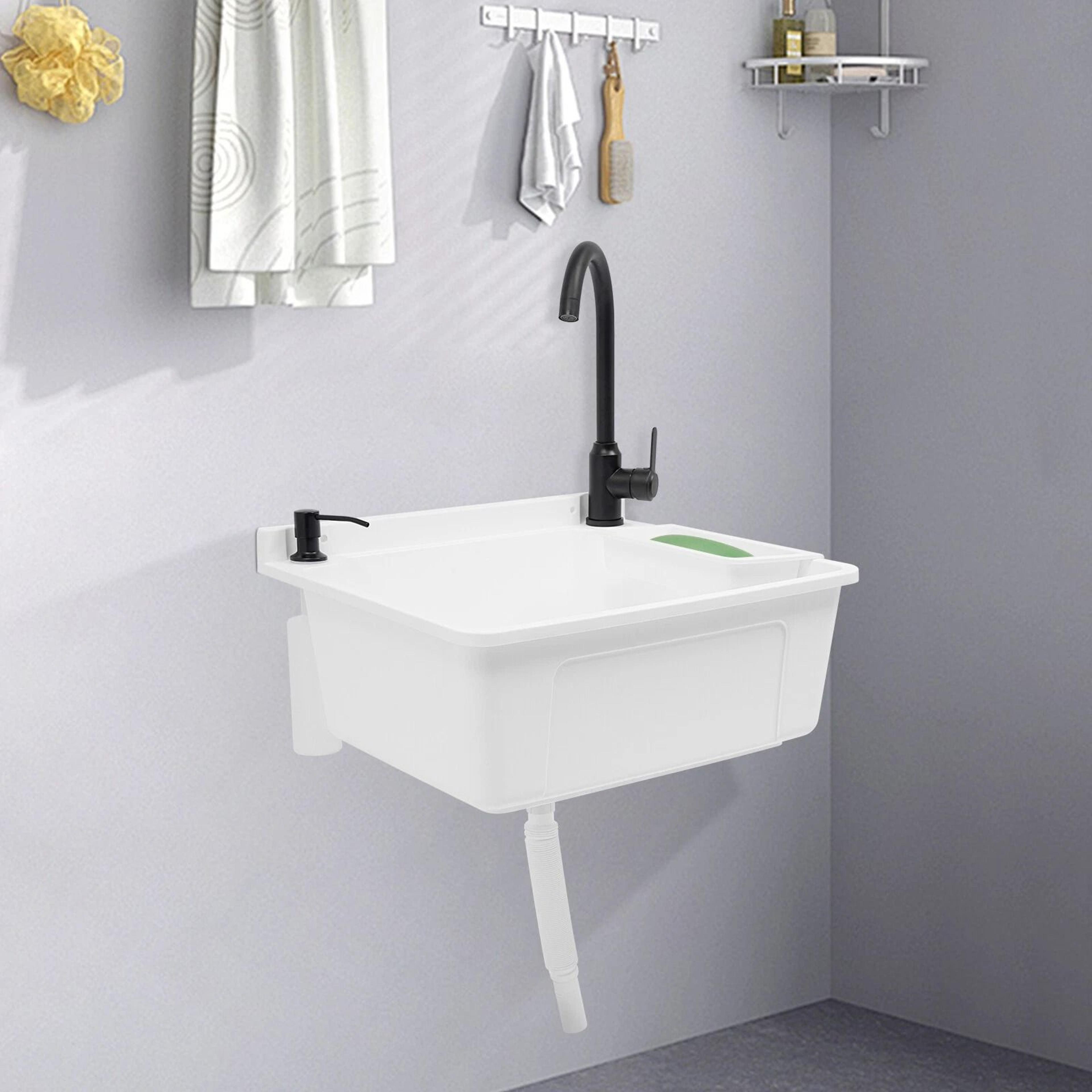 premium wall mounted utility sink with hot & cold faucet durable plastic laundry room tub
