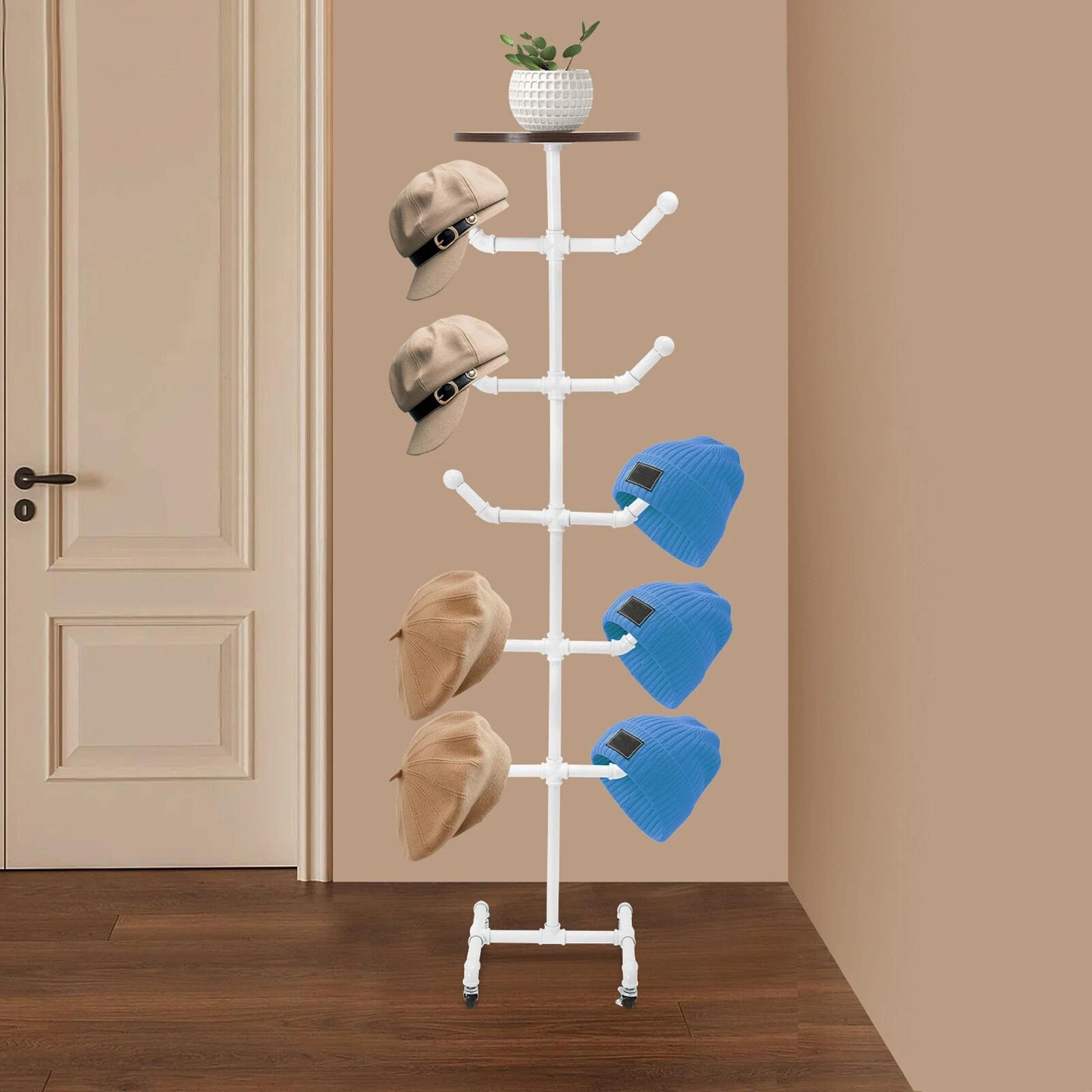 industrial freestanding hat display stand with holders for caps wigs and retail storage
