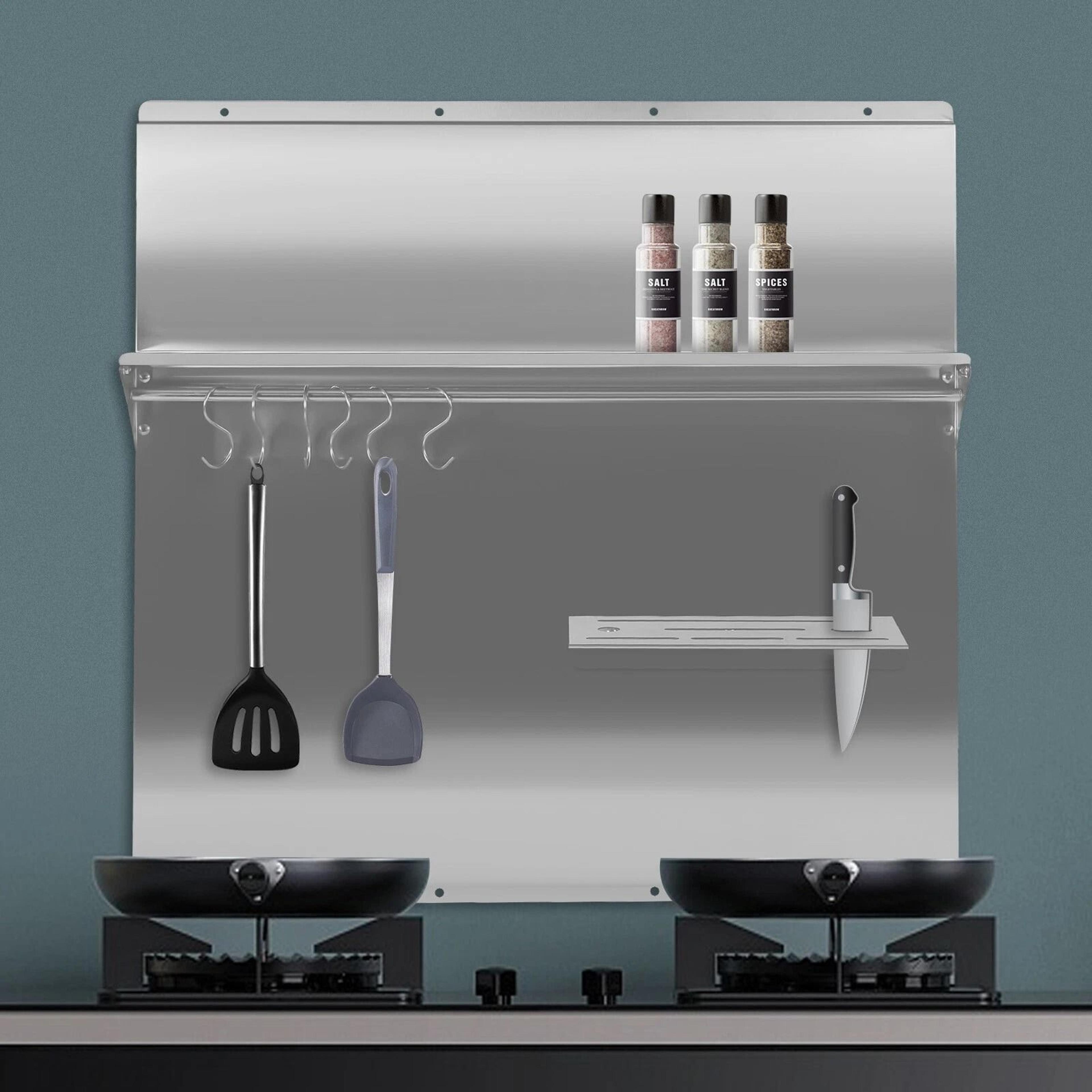 stainless steel range hood backsplash wall shield with hooks
