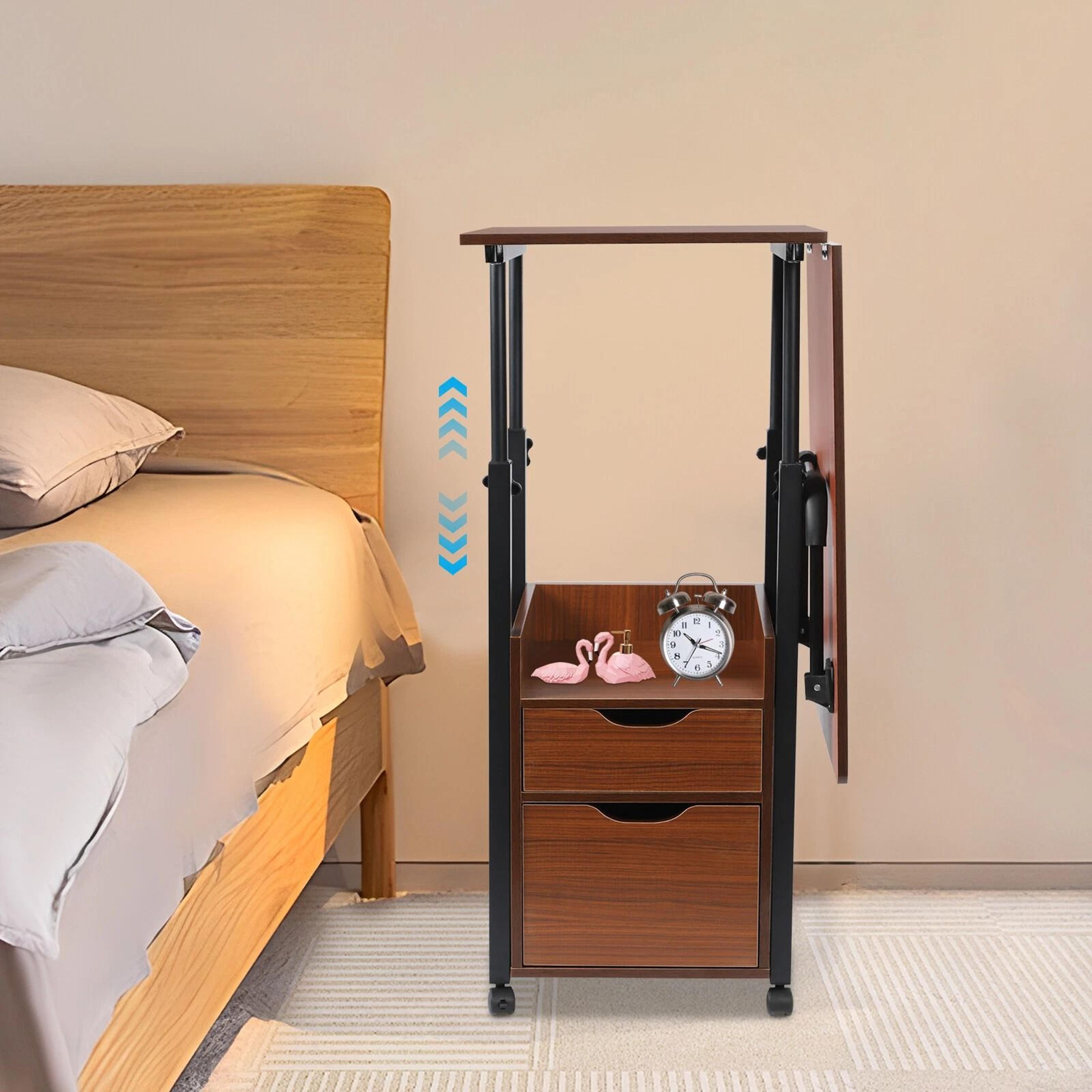 folding overbed laptop table with wheels and drawer for bedside work