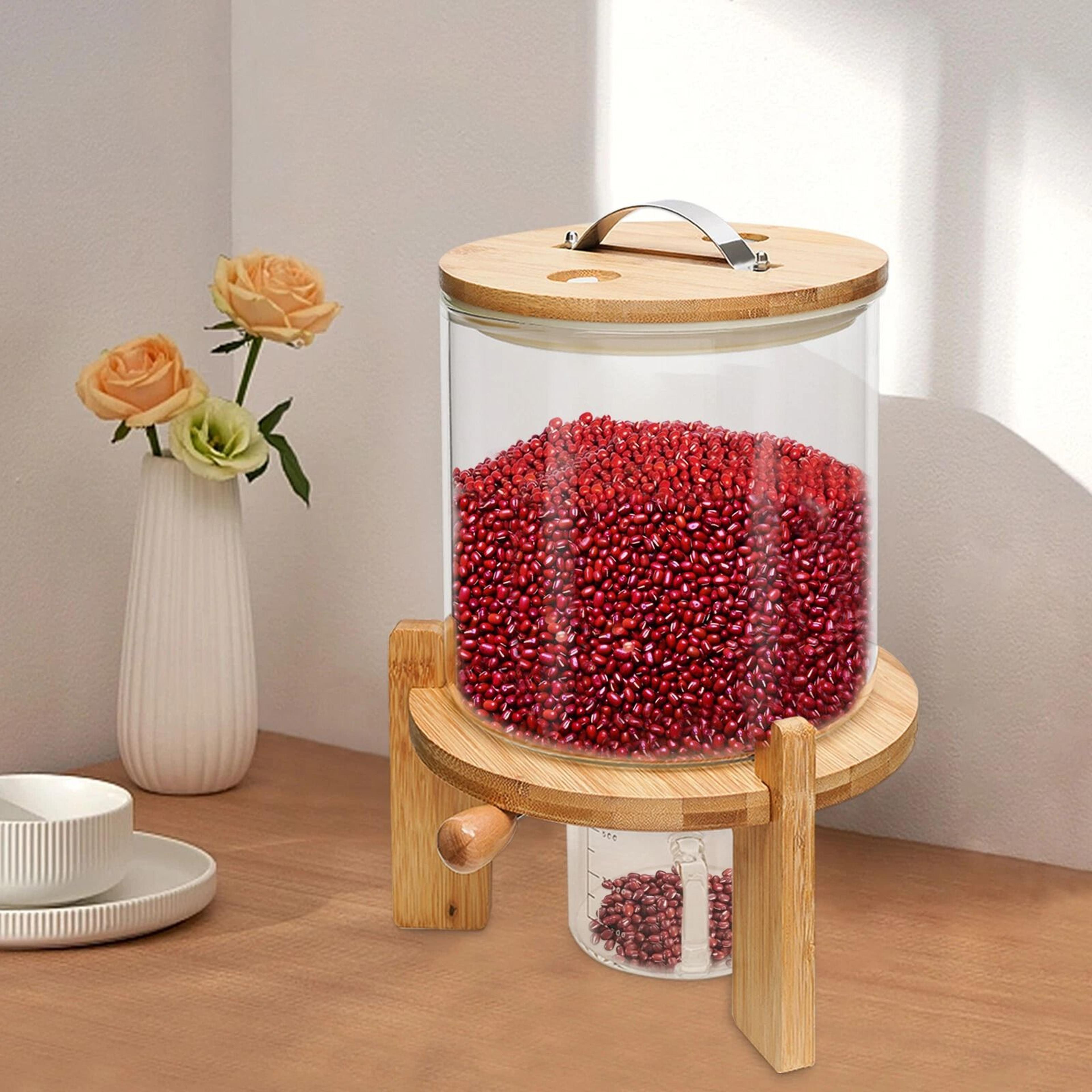 Glass Rice Dispenser And Grain Container With Wood Stand Countertop Dry Food  Cereal Organizer 1
