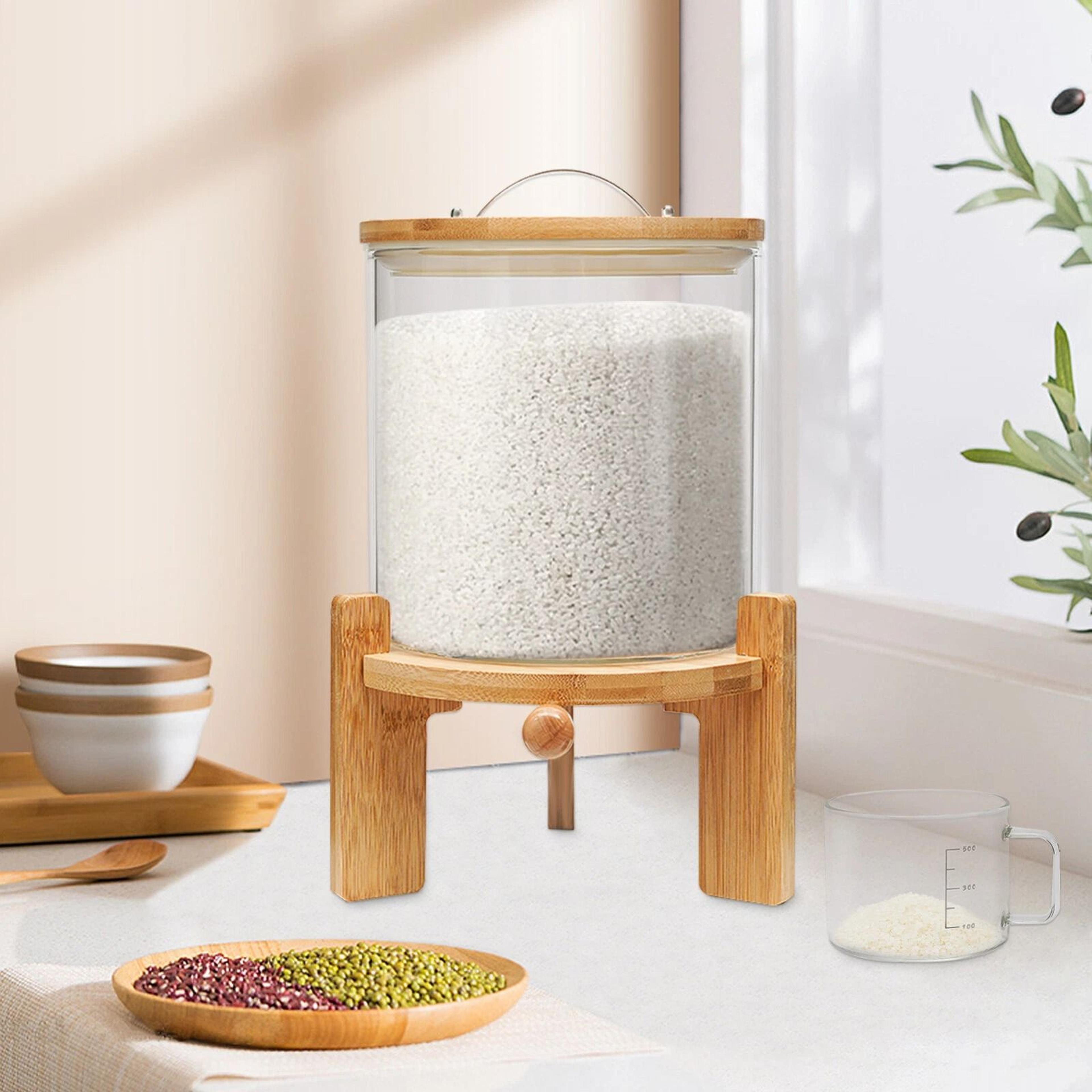 Glass Rice Dispenser And Grain Container With Wood Stand Countertop Dry Food  Cereal Organizer 4
