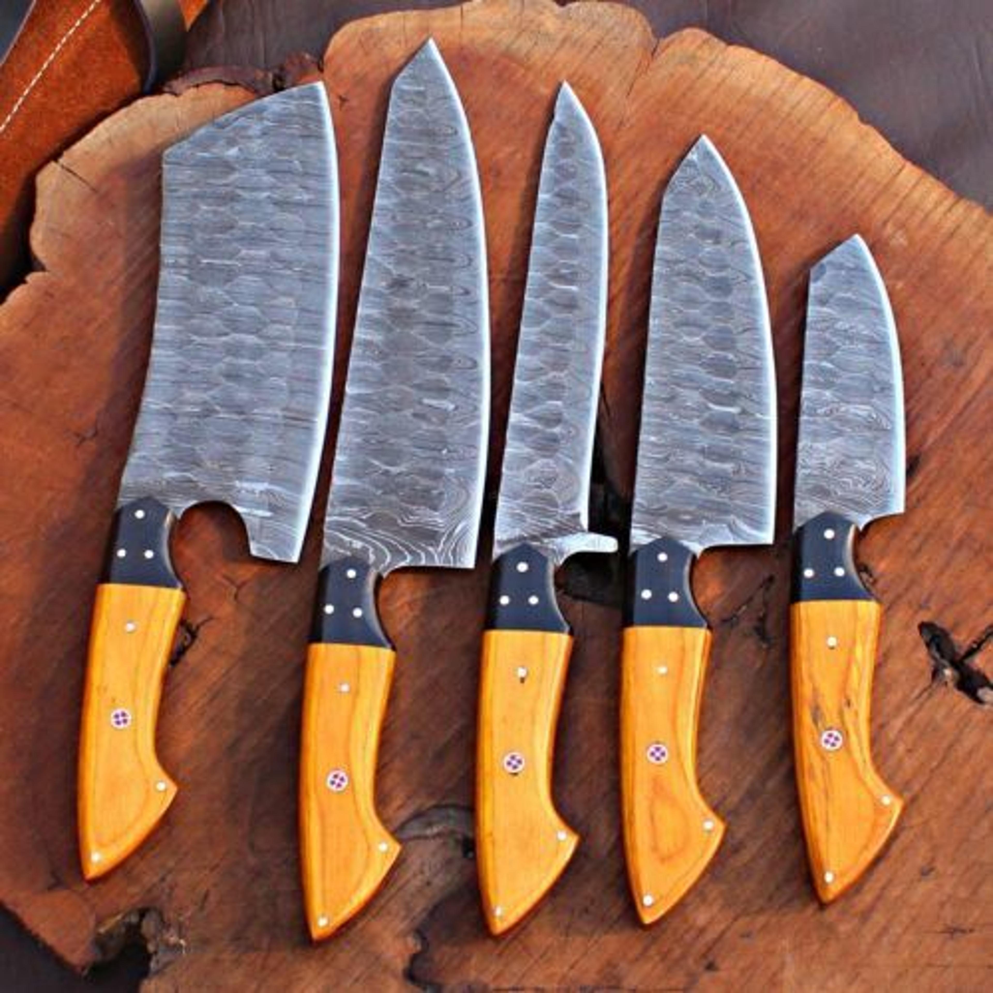 Handmade Damascus Steel Chef Knife Kitchen Set With Leather Bag  Wooden Handles 2